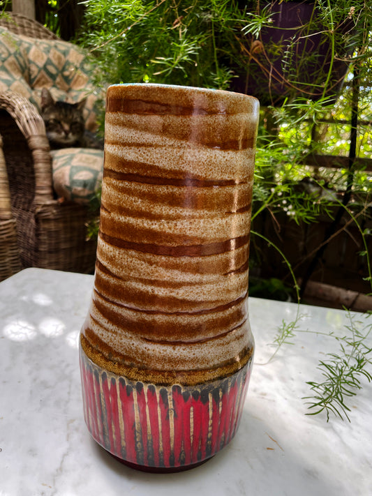 Vintage West German “Fat Lava” Vase with Striped Glaze and Red Drip Base