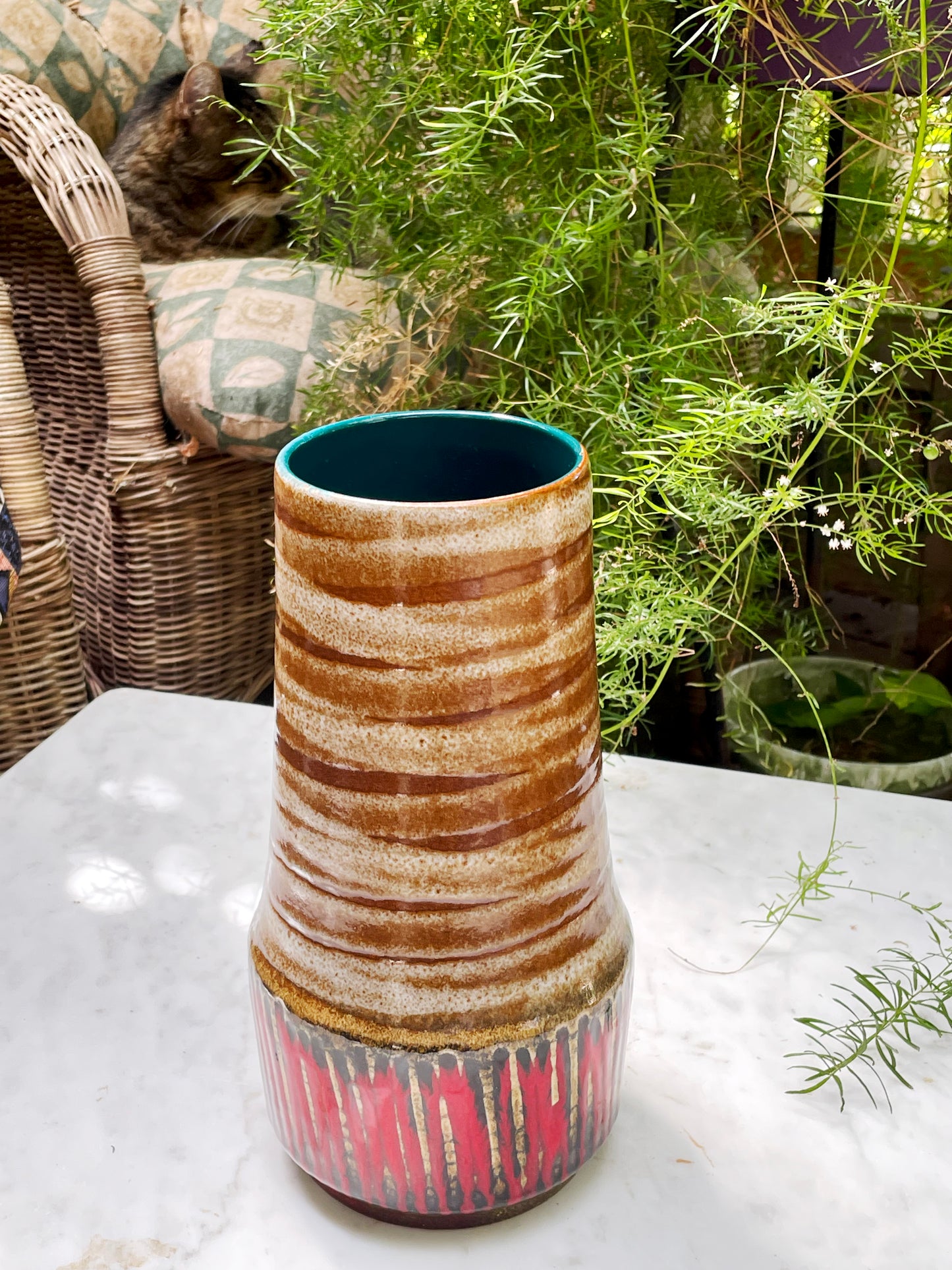 Vintage West German “Fat Lava” Vase with Striped Glaze and Red Drip Base