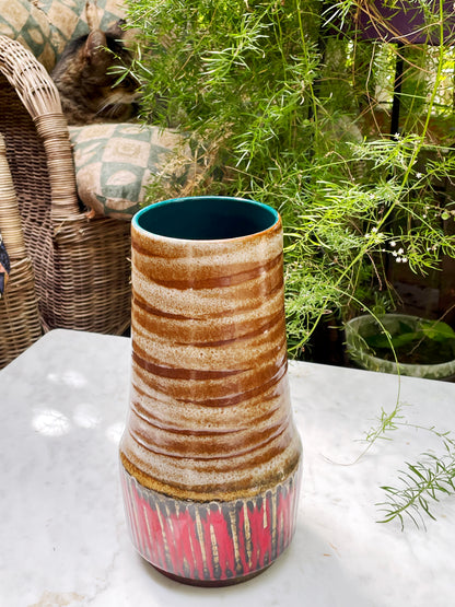Vintage West German “Fat Lava” Vase with Striped Glaze and Red Drip Base