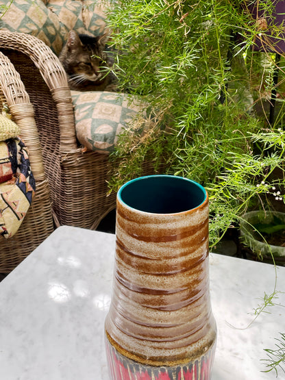 Vintage West German “Fat Lava” Vase with Striped Glaze and Red Drip Base