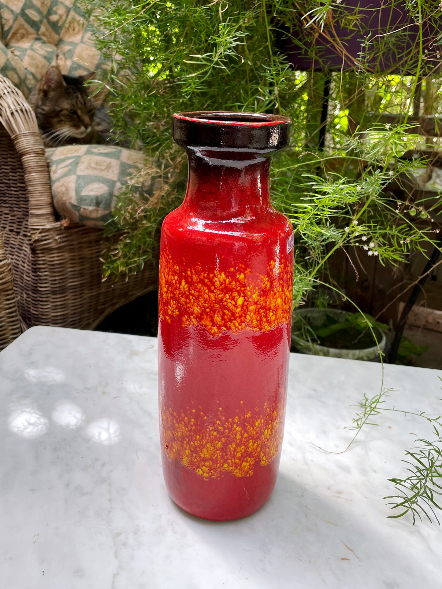 Vintage West German “Fat Lava” Vase in Fiery Red and Yellow Glaze