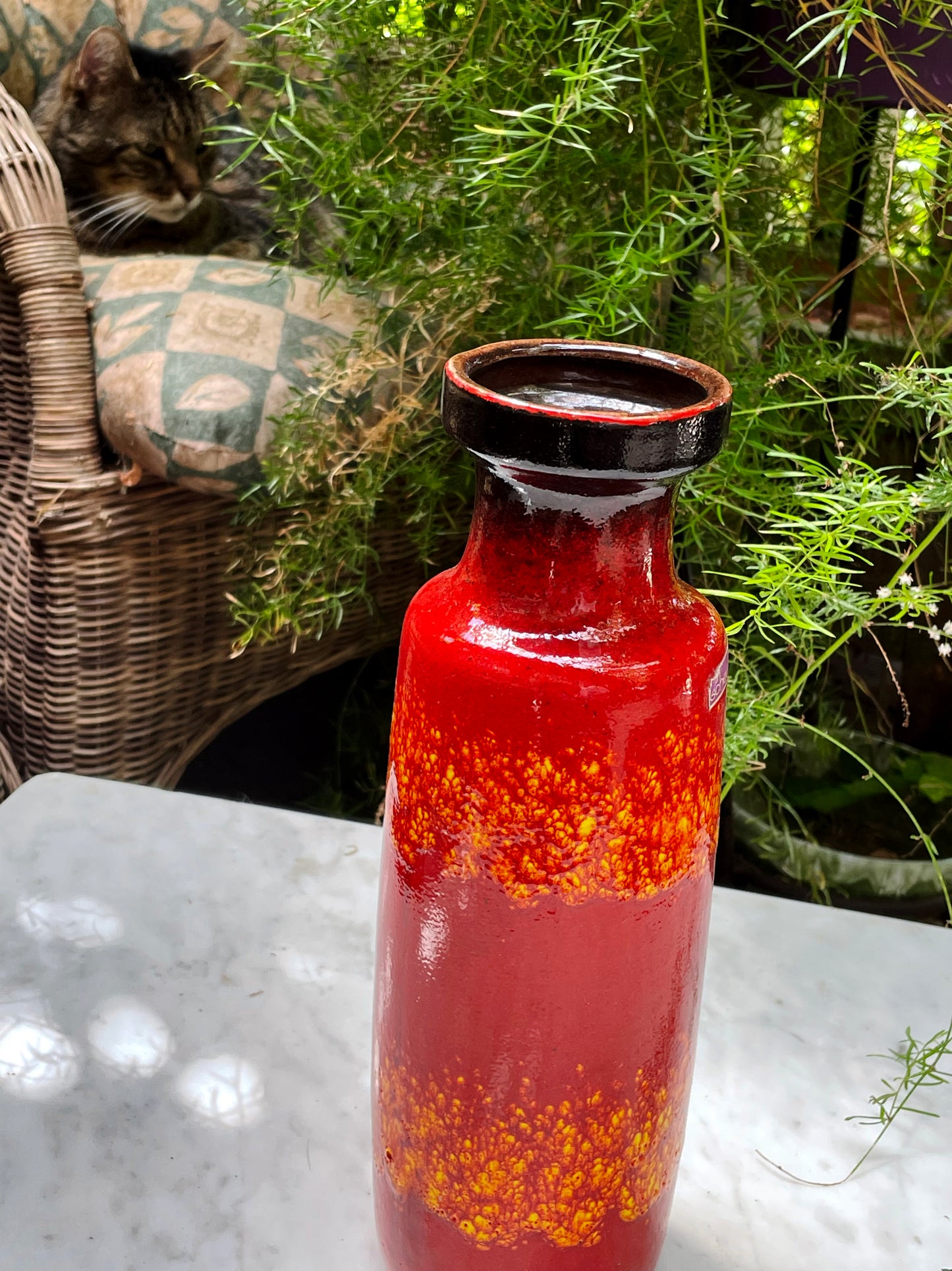 Vintage West German “Fat Lava” Vase in Fiery Red and Yellow Glaze