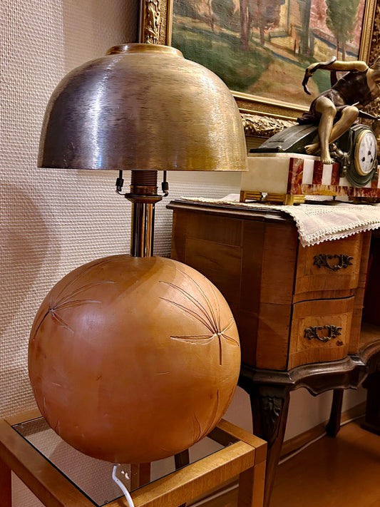 Mid-Century Modern Terracotta Sphere Table Lamp with Brass Dome Shade and Etched Palm Leaf Motif