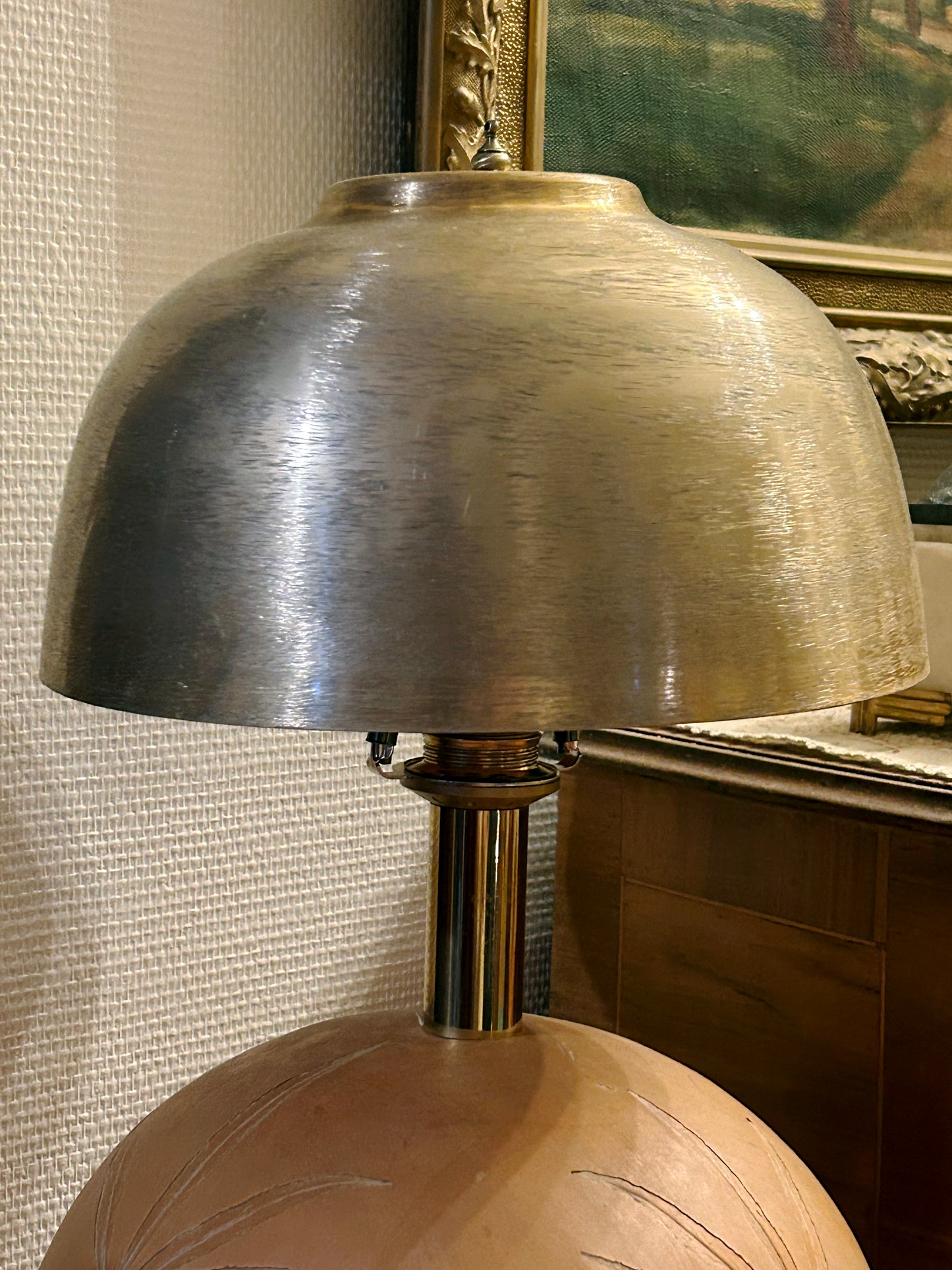 Mid-Century Modern Terracotta Sphere Table Lamp with Brass Dome Shade and Etched Palm Leaf Motif