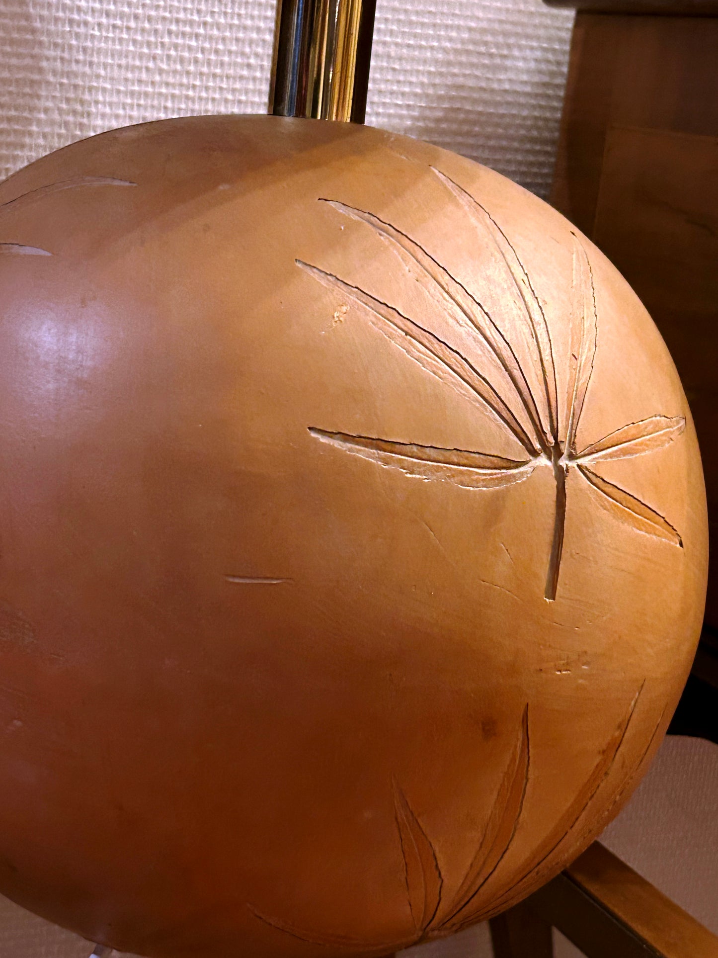 Mid-Century Modern Terracotta Sphere Table Lamp with Brass Dome Shade and Etched Palm Leaf Motif