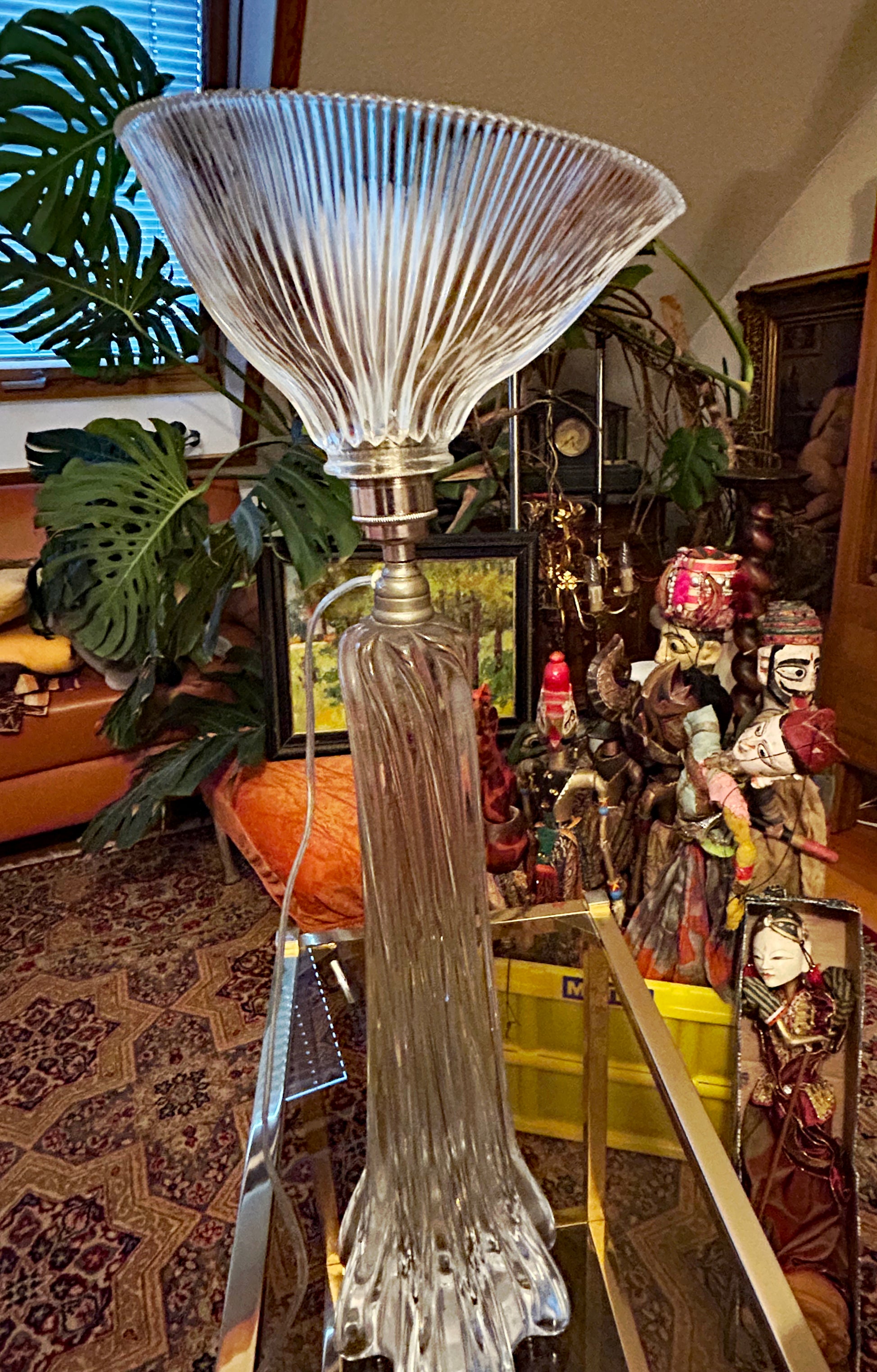 Heavy French crystal table lamp with asymmetric Holophane prismatic glass shade, full daylight view