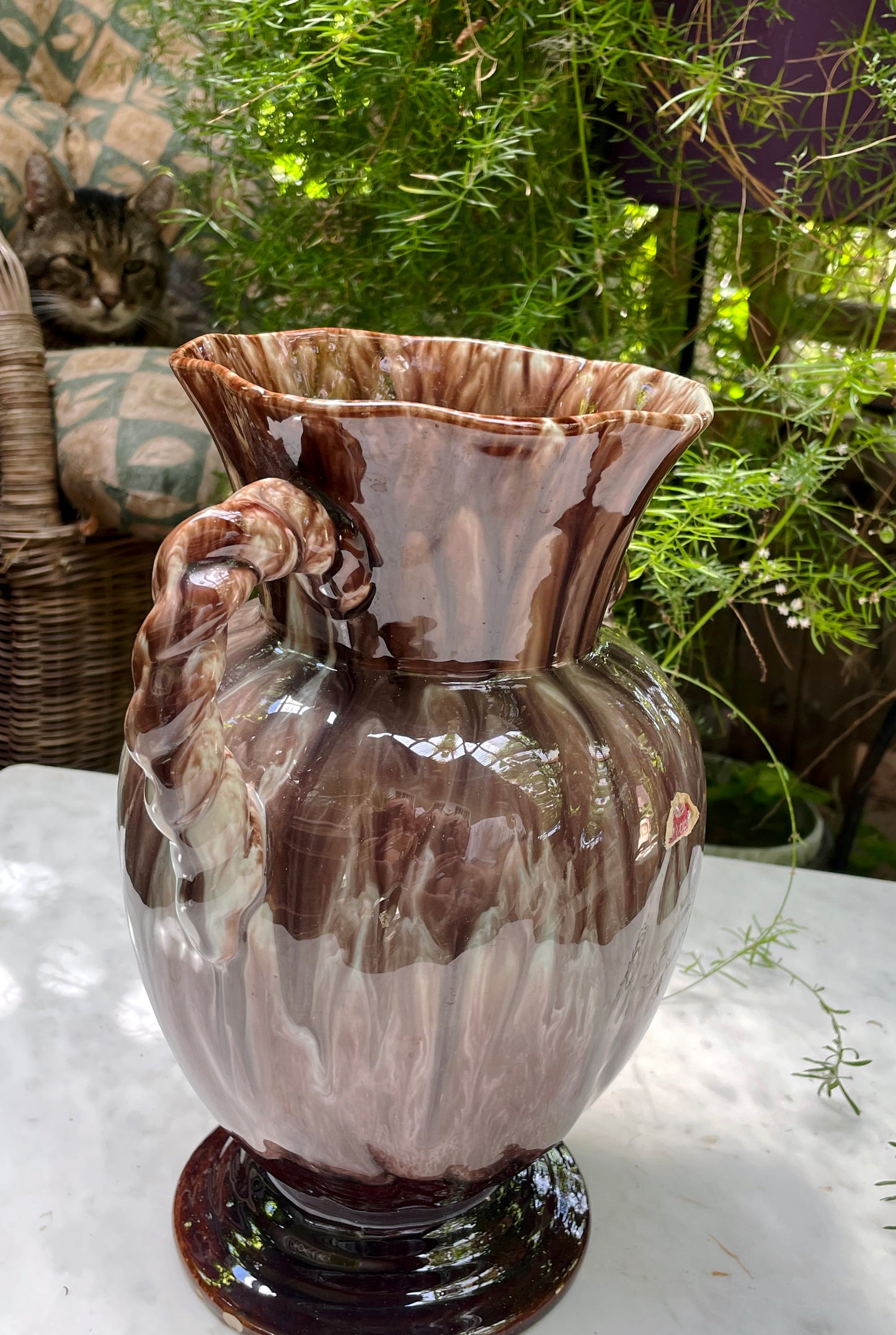 Vintage Handcrafted Swirl-Glazed Ceramic Pitcher Vase with Twisted Handle