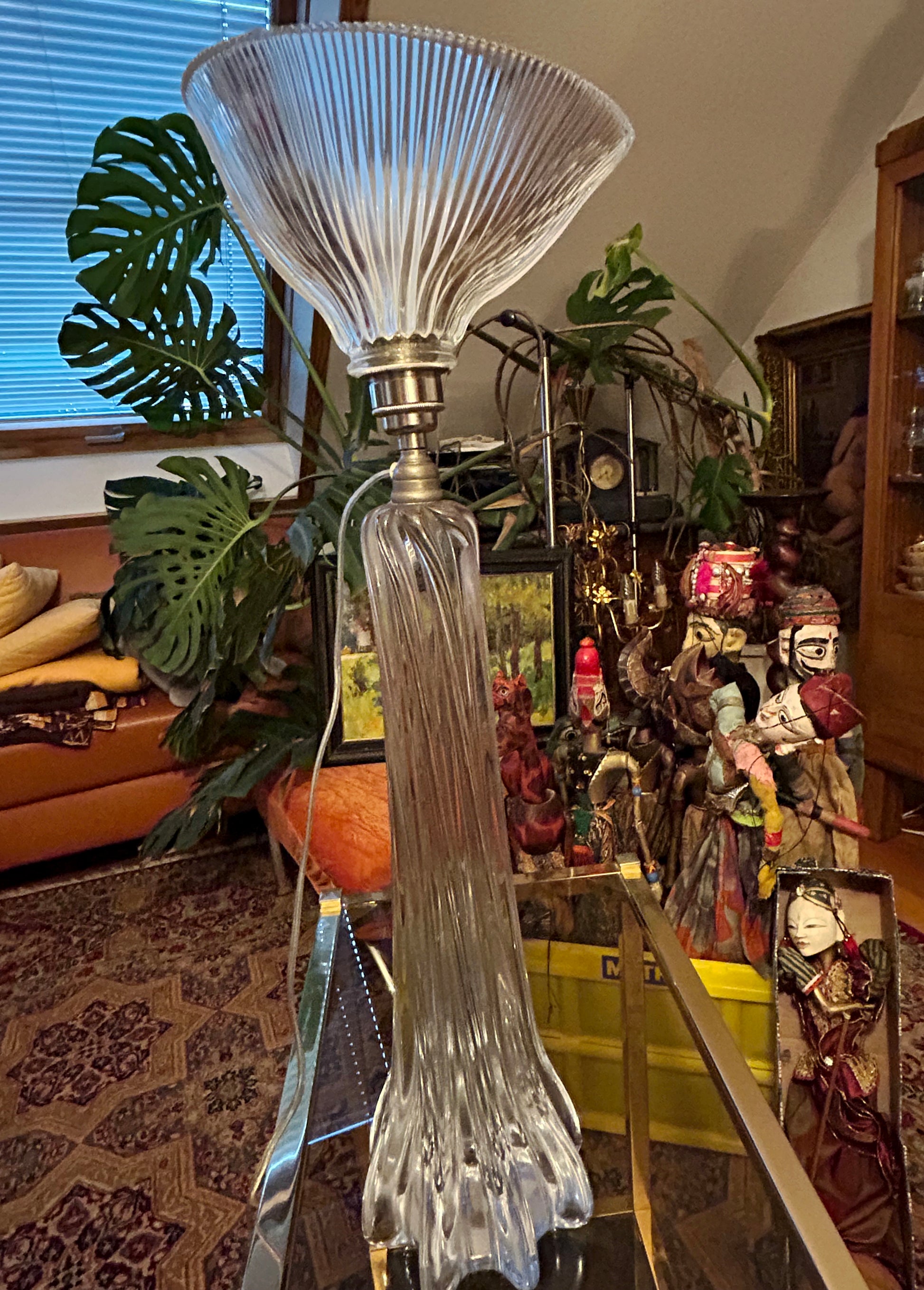 Full view of the fluted crystal column base and prismatic Holophane shade in daylight