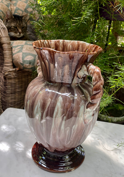 Vintage Handcrafted Swirl-Glazed Ceramic Pitcher Vase with Twisted Handle