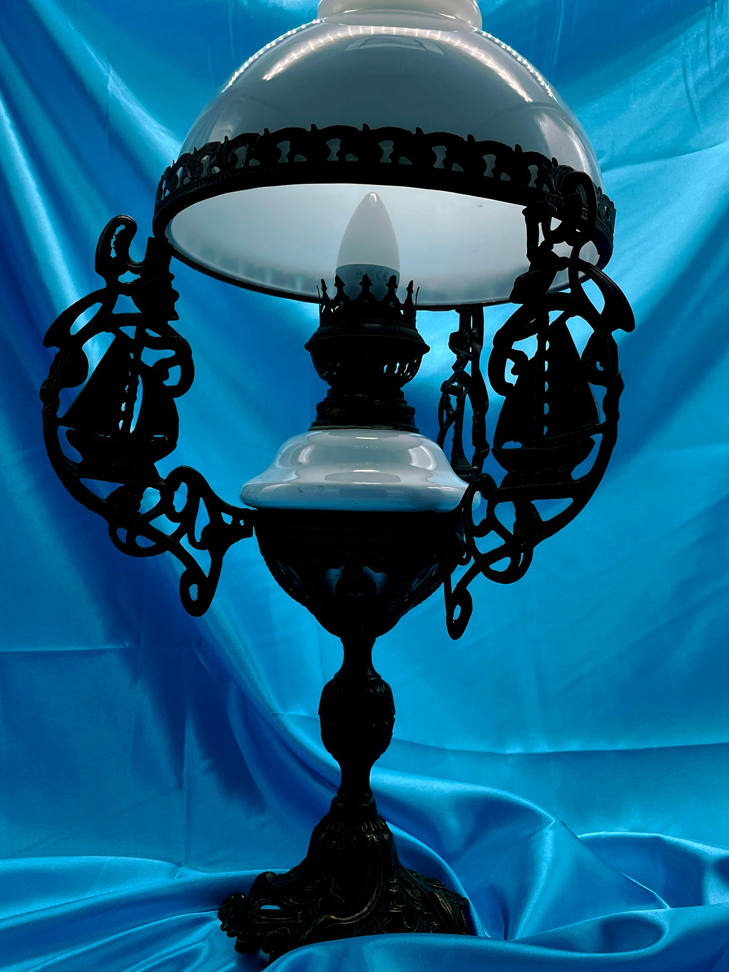 Antique electrified petroleum hanging lamp detail