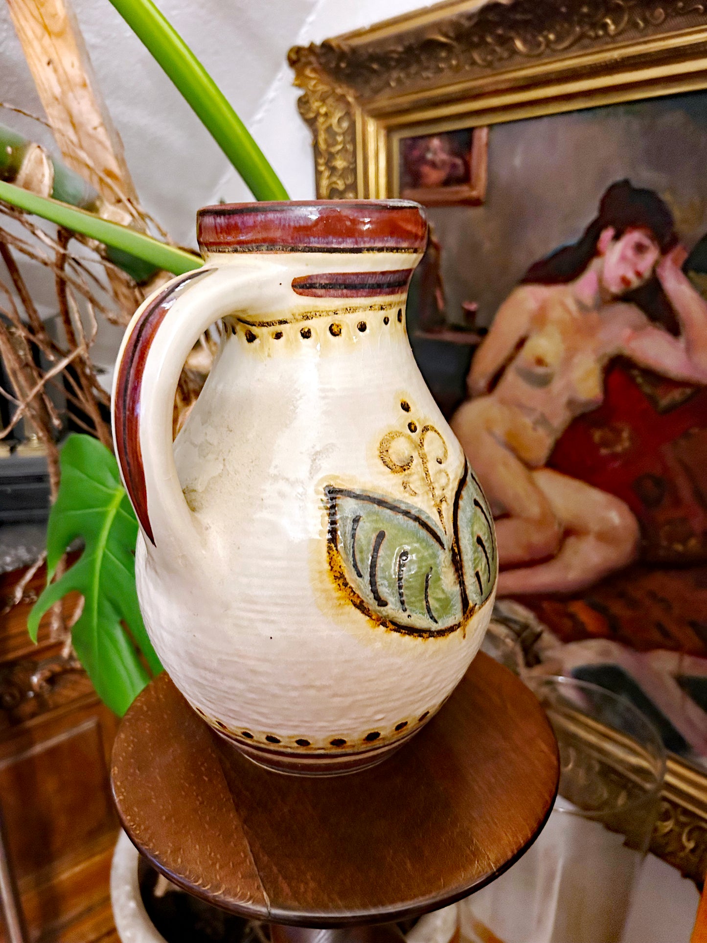 West German hand-painted jug top view showing brown rim and dotted border