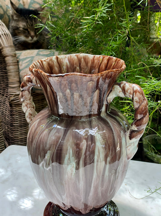 Vintage Handcrafted Swirl-Glazed Ceramic Pitcher Vase with Twisted Handle