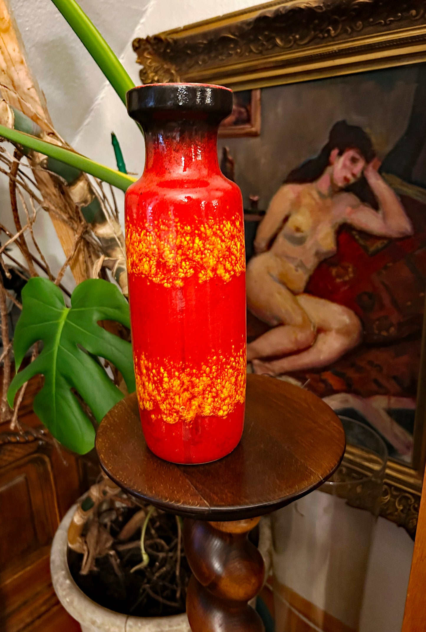 Tall 1960s West German fat lava vase in scarlet with molten yellow drip glaze