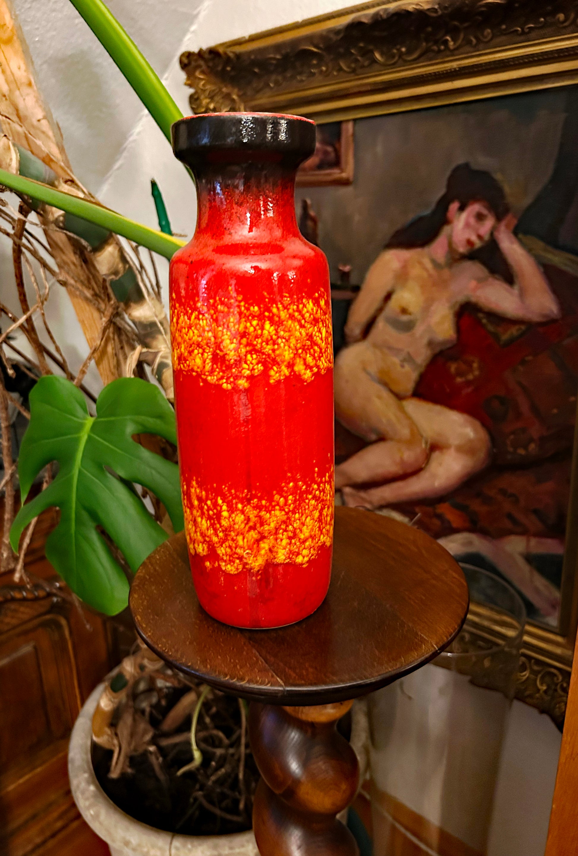 Tall 1960s West German fat lava vase in scarlet with molten yellow drip glaze