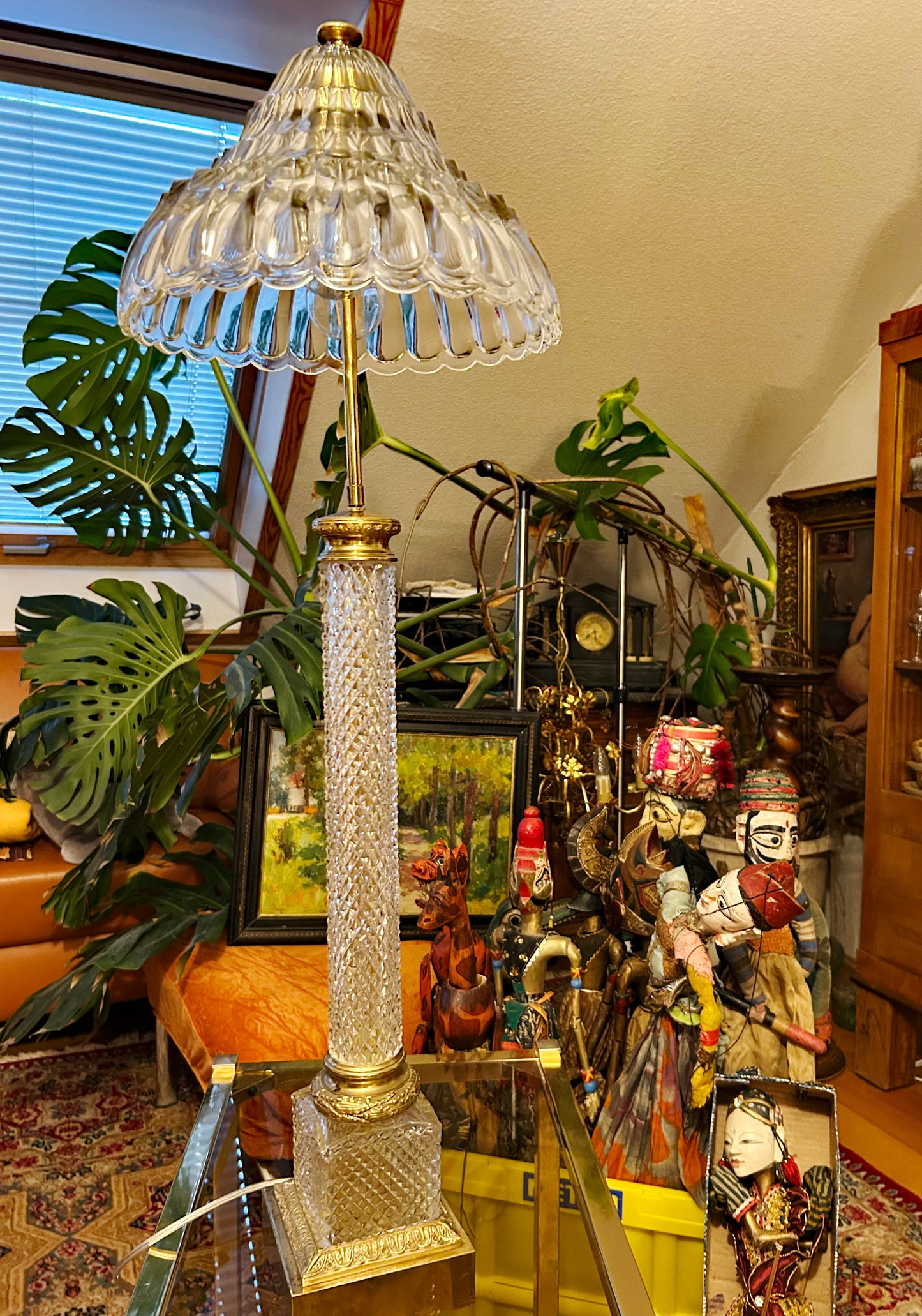 Large heavy cut crystal pillar lamp with scalloped crystal dome shade, full view