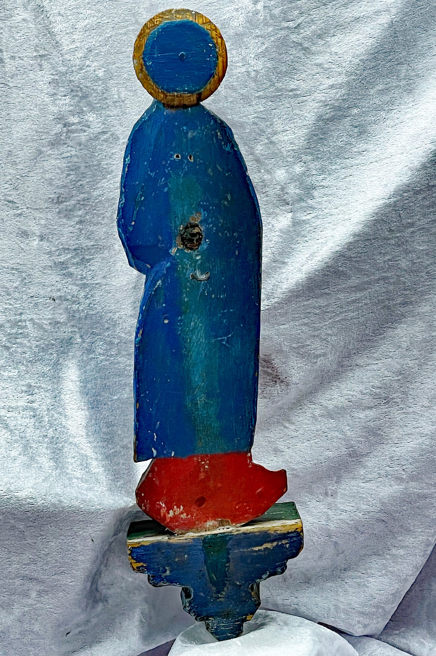 Antique Spanish Madonna Statue – 19th Century Polychrome Gesso Holy Figure – Red Blue White – Hand-Carved Religious Sculpture (36 cm)