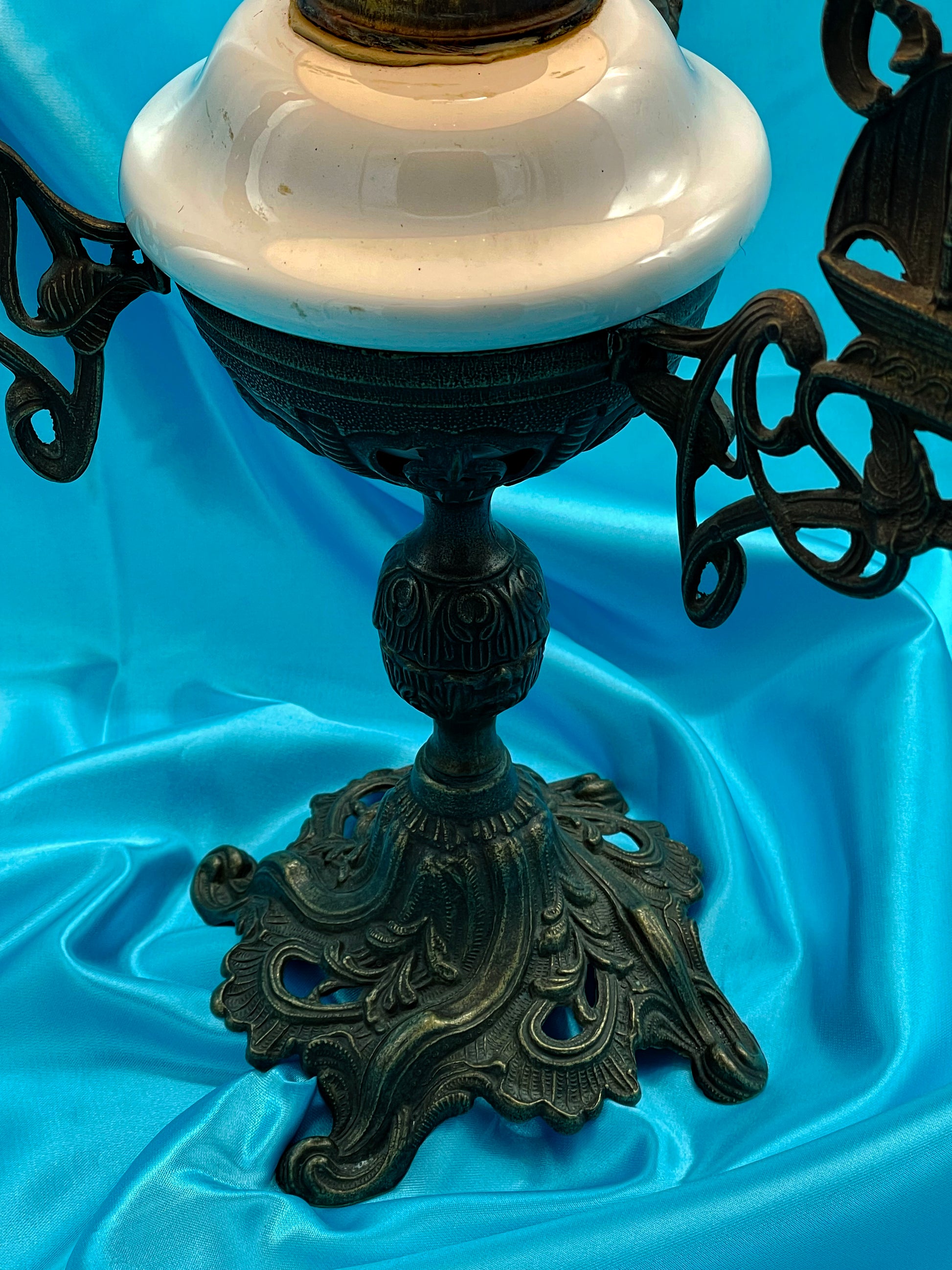 Antique petroleum lamp with opaline shade, alternate view