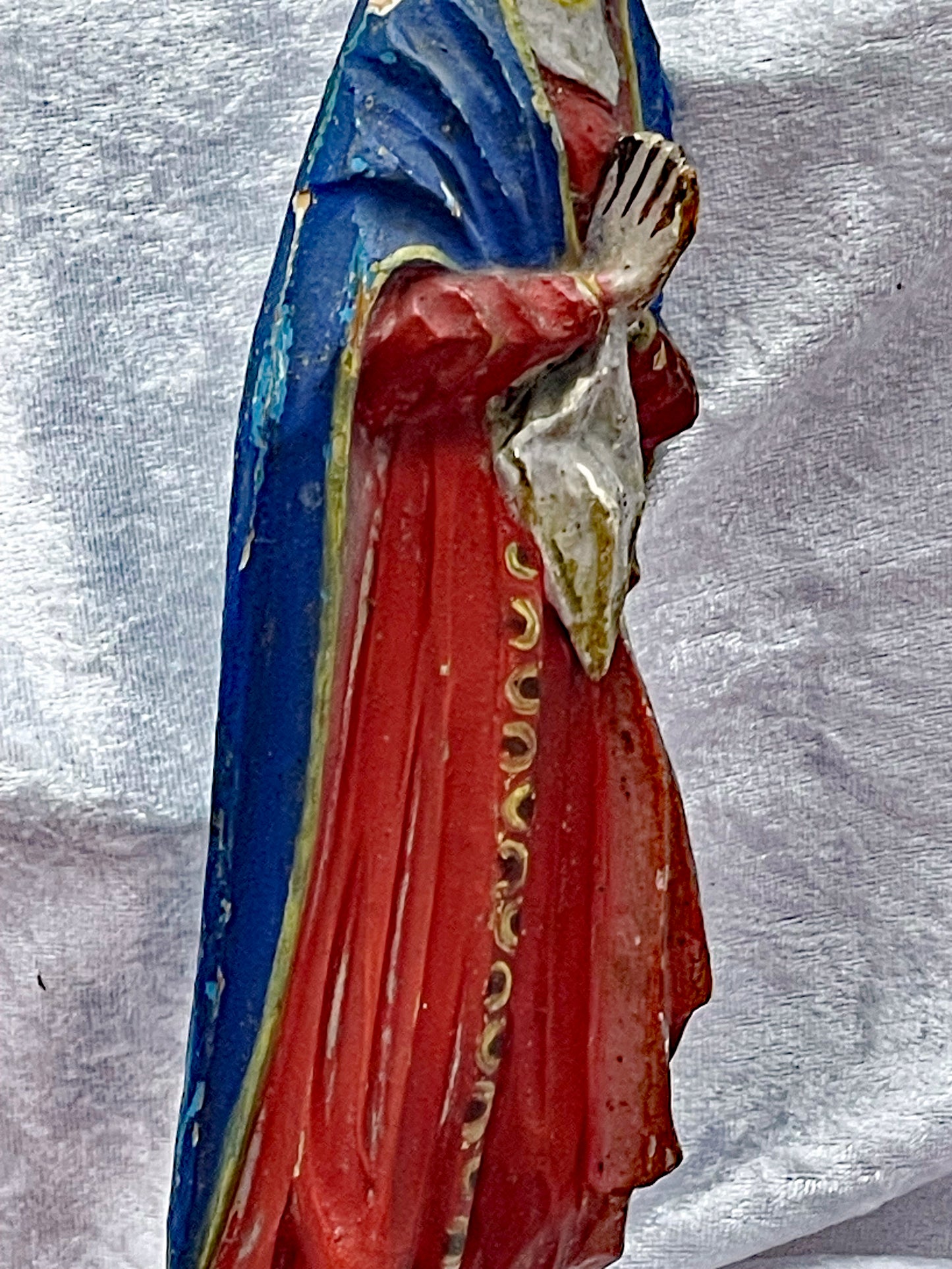 Antique Spanish Madonna Statue – 19th Century Polychrome Gesso Holy Figure – Red Blue White – Hand-Carved Religious Sculpture (36 cm)