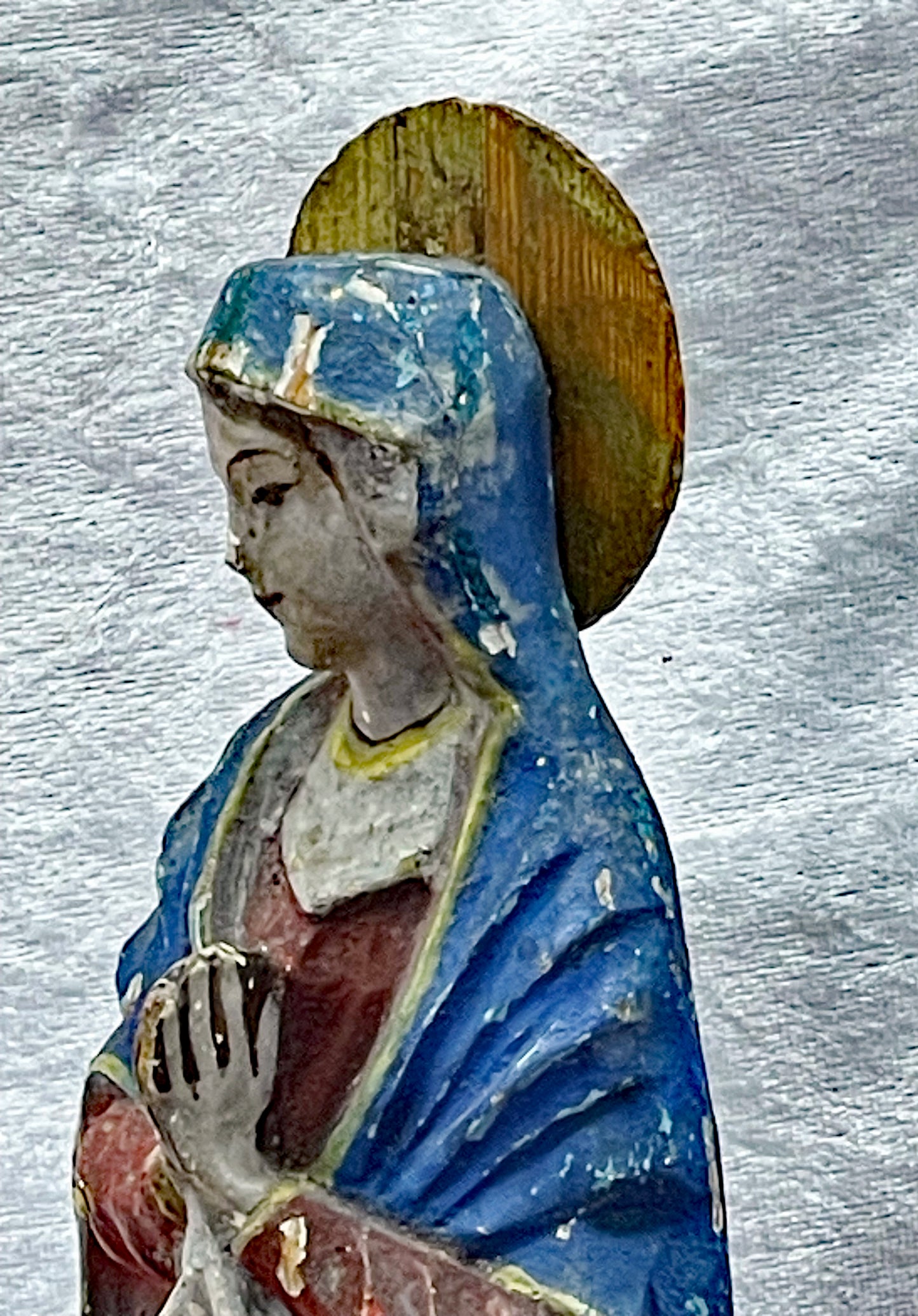 Antique Spanish Madonna Statue – 19th Century Polychrome Gesso Holy Figure – Red Blue White – Hand-Carved Religious Sculpture (36 cm)
