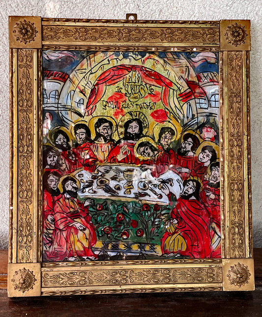 The Last Supper – Hand-Painted Reverse Glass Icon with 24k Gold Leaf in Ornate Gilded Frame