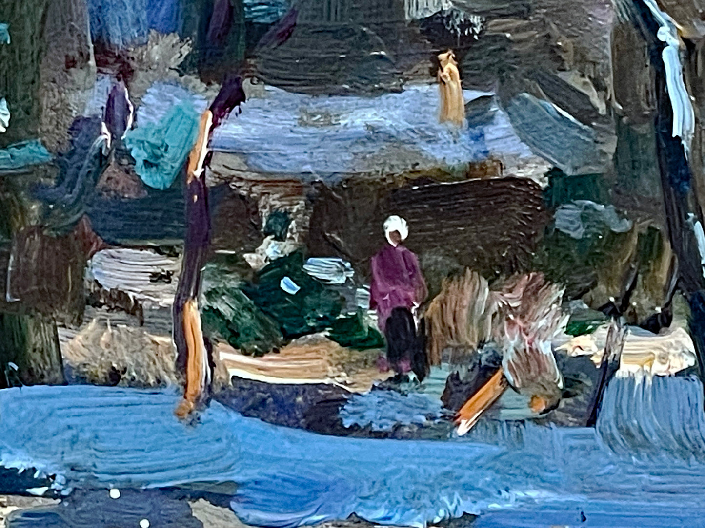 Detail of turreted town buildings under snow
