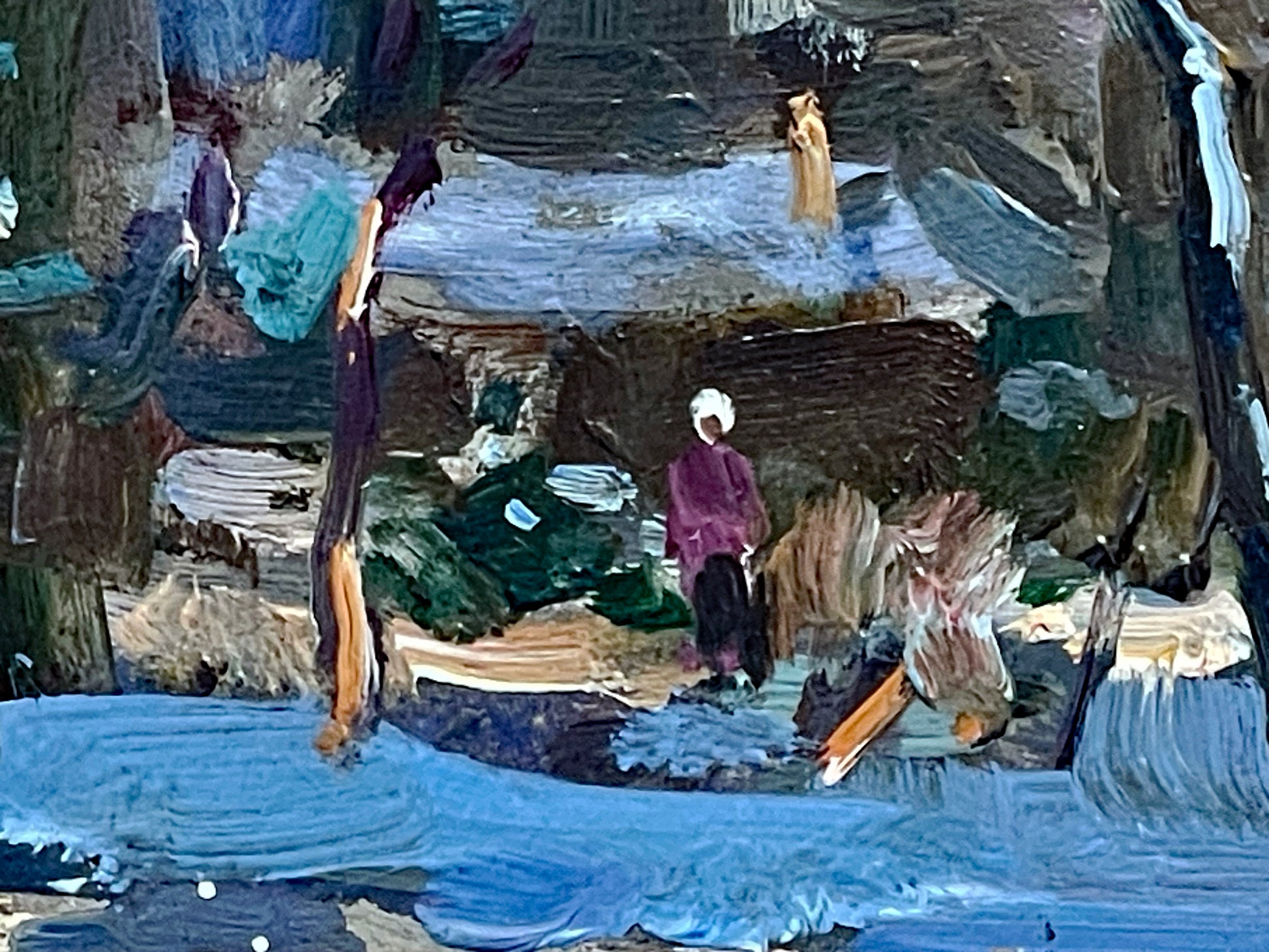 Detail of turreted town buildings under snow