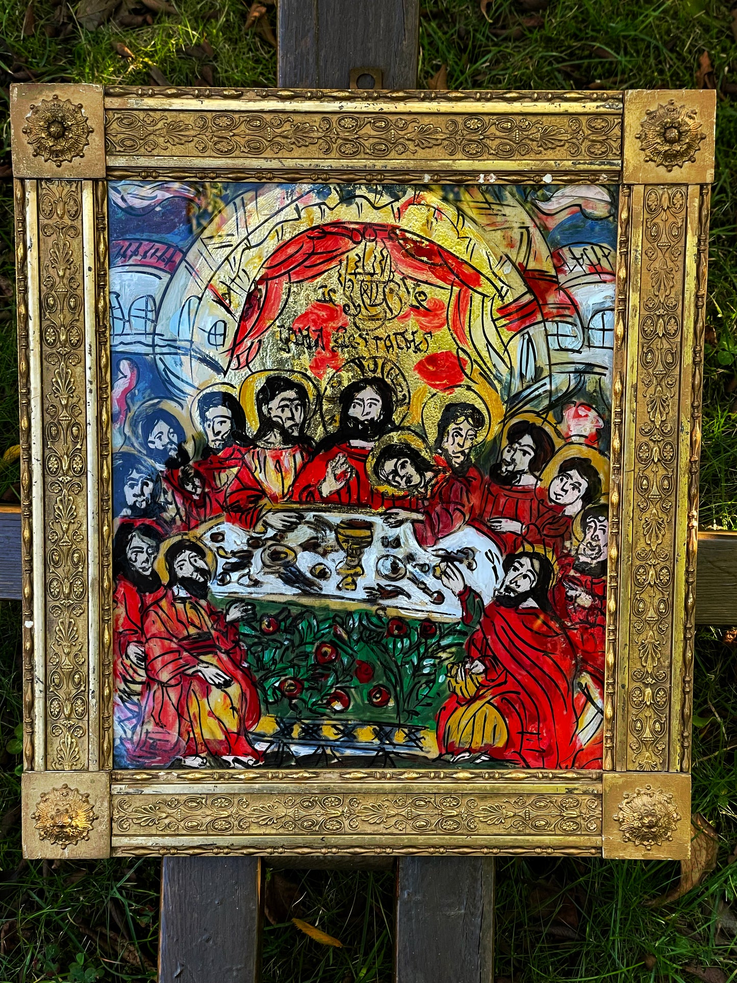 The Last Supper – Hand-Painted Reverse Glass Icon with 24k Gold Leaf in Ornate Gilded Frame