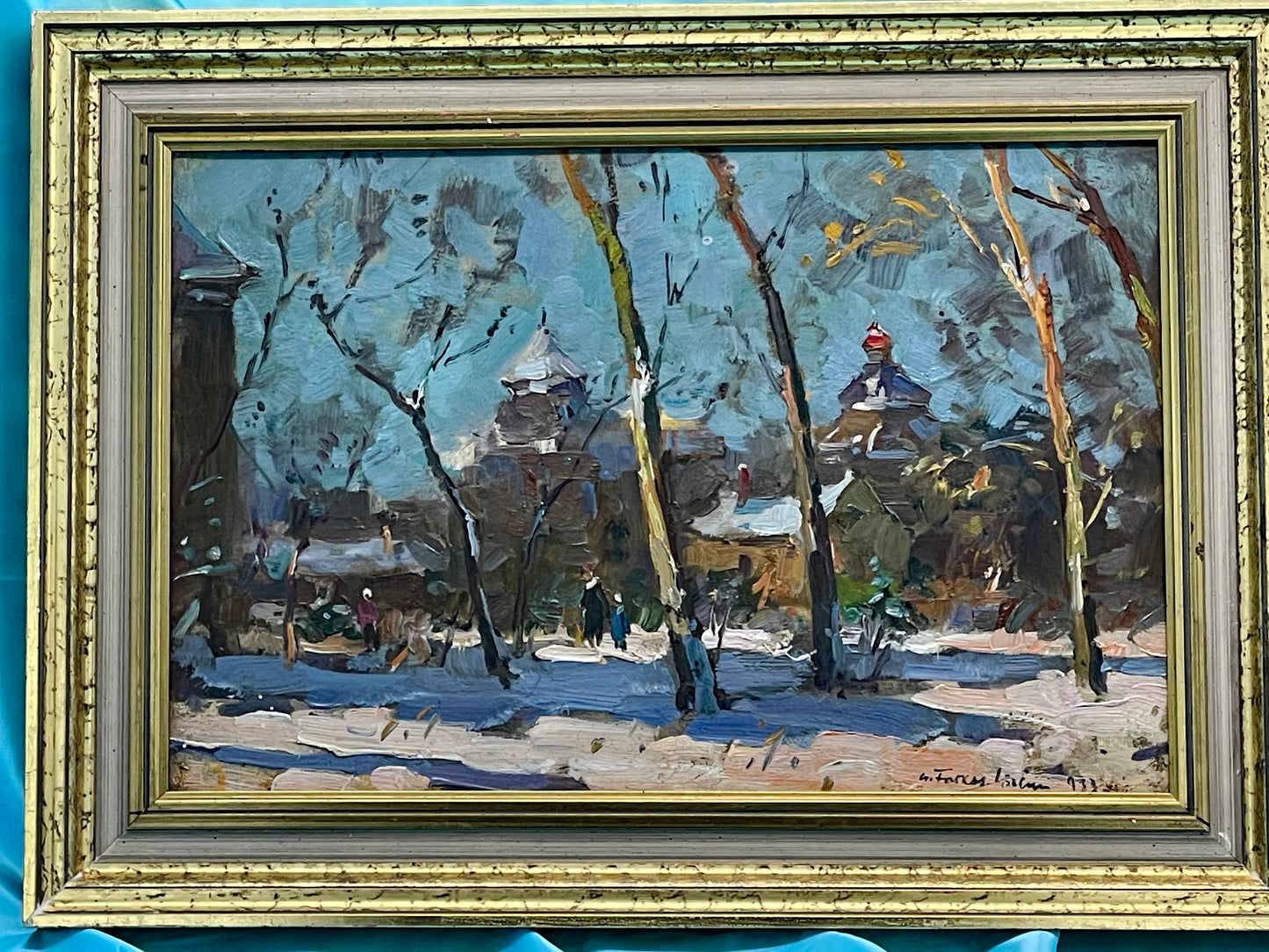Winter park oil painting, Nagybánya Baia Mare school, framed view