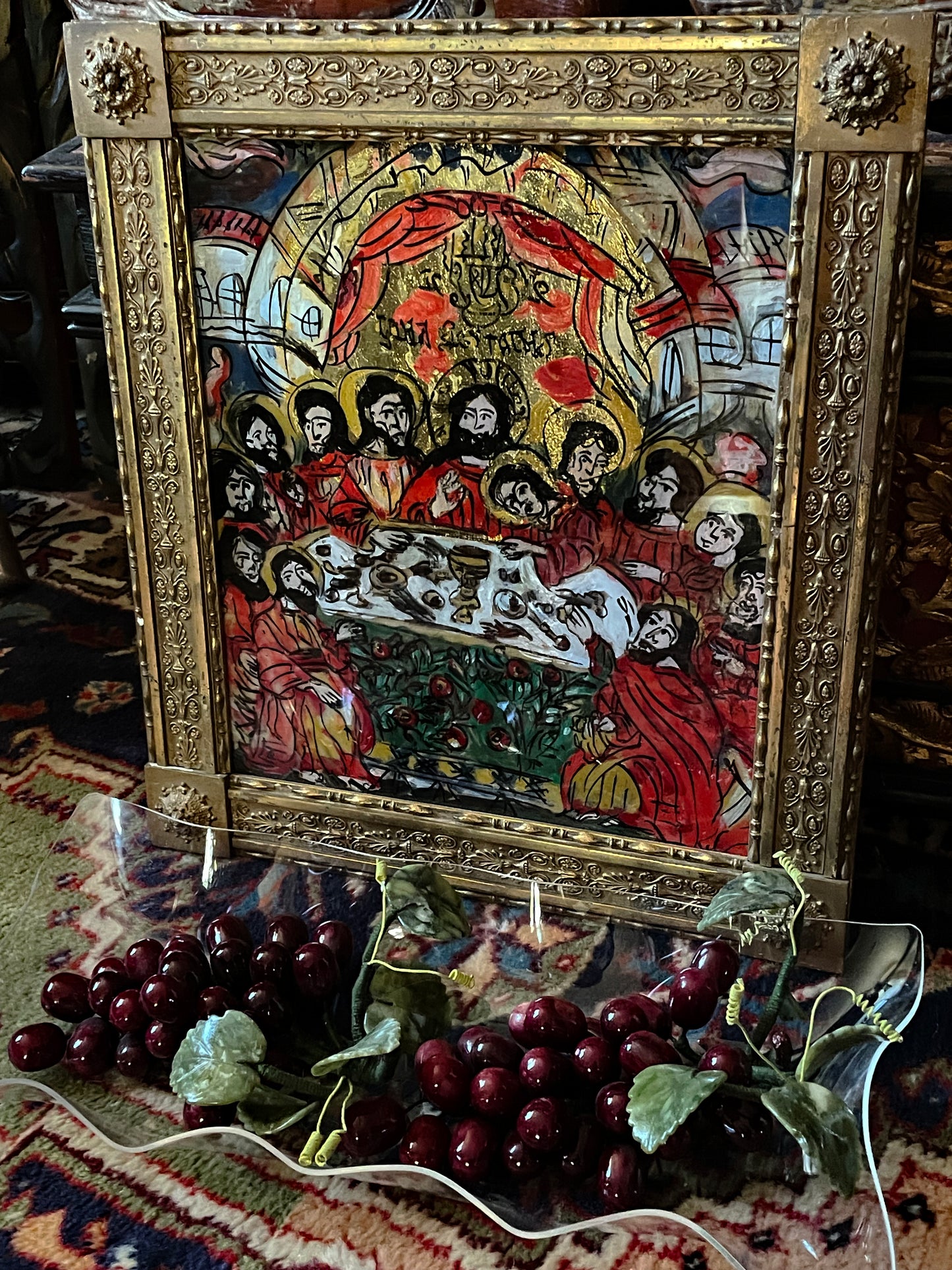 The Last Supper – Hand-Painted Reverse Glass Icon with 24k Gold Leaf in Ornate Gilded Frame