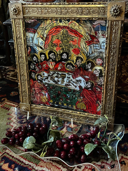 The Last Supper – Hand-Painted Reverse Glass Icon with 24k Gold Leaf in Ornate Gilded Frame
