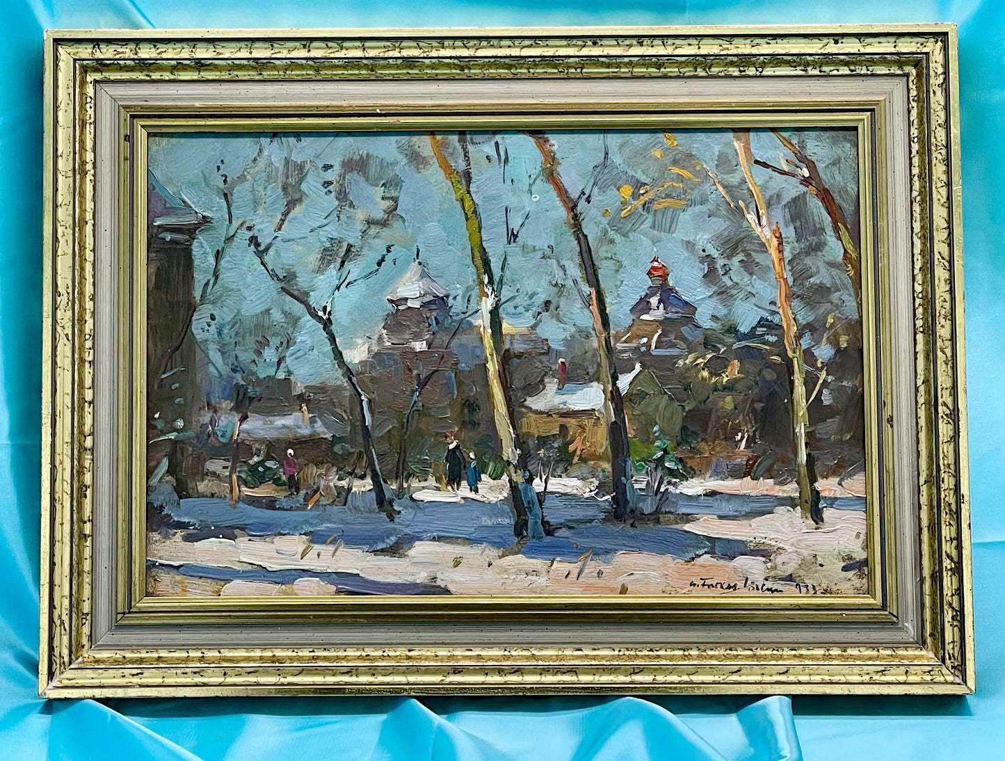 Original 1933 oil painting Winter im Park by Csallóközi Farkas Lőrincz in gilt frame