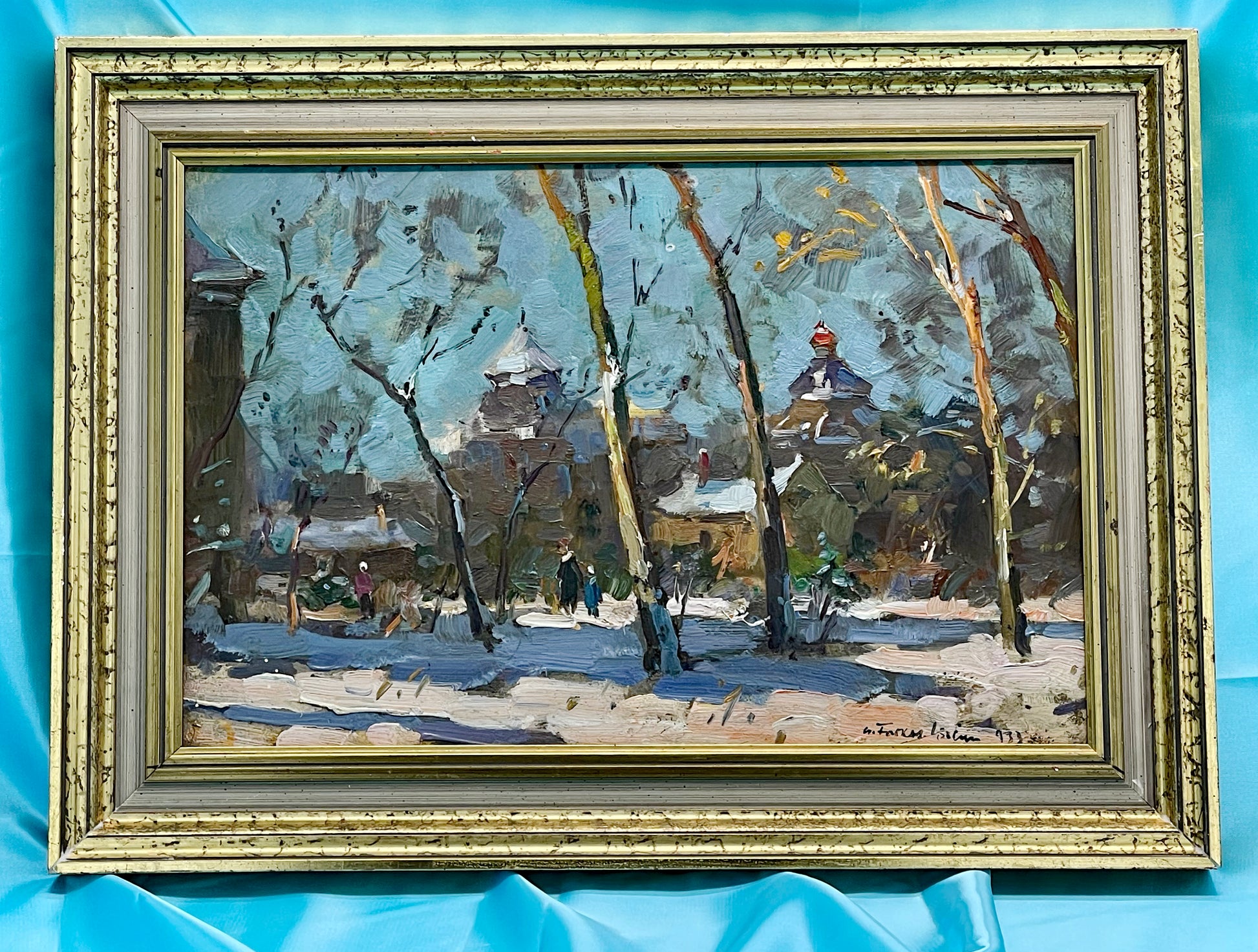 Original 1933 oil painting Winter im Park by Csallóközi Farkas Lőrincz in gilt frame
