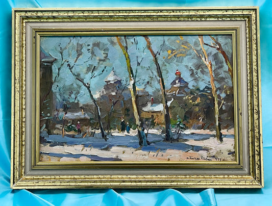 Original 1933 oil painting Winter im Park by Csallóközi Farkas Lőrincz in gilt frame