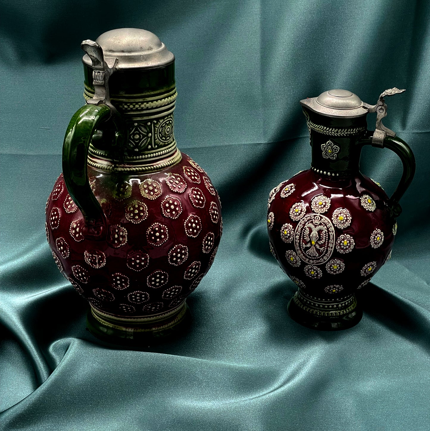Antique Westerwald stoneware jug pair, full view