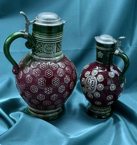 Pair of antique Westerwald salt-glazed stoneware Noppenkruge jugs with pewter lids