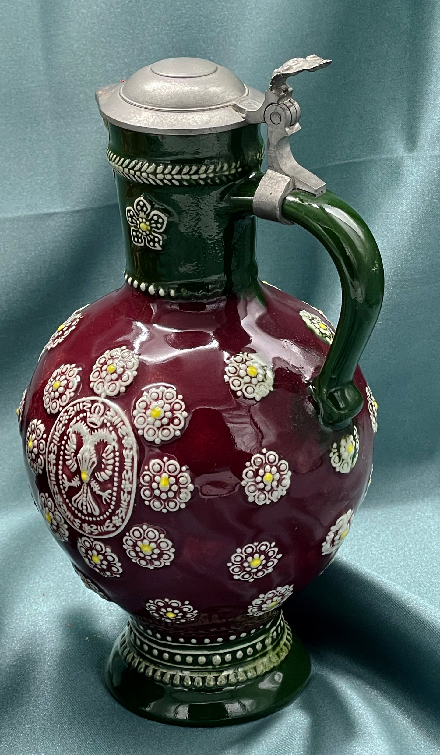 Antique Westerwald stoneware jug with hinged pewter lid