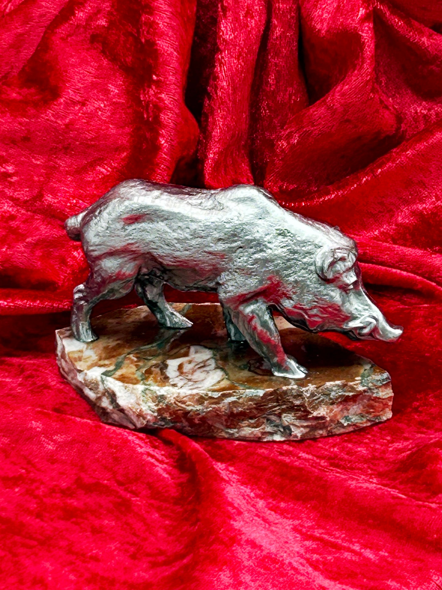 Silvered metal wild boar sculpture on marble base, full side profile