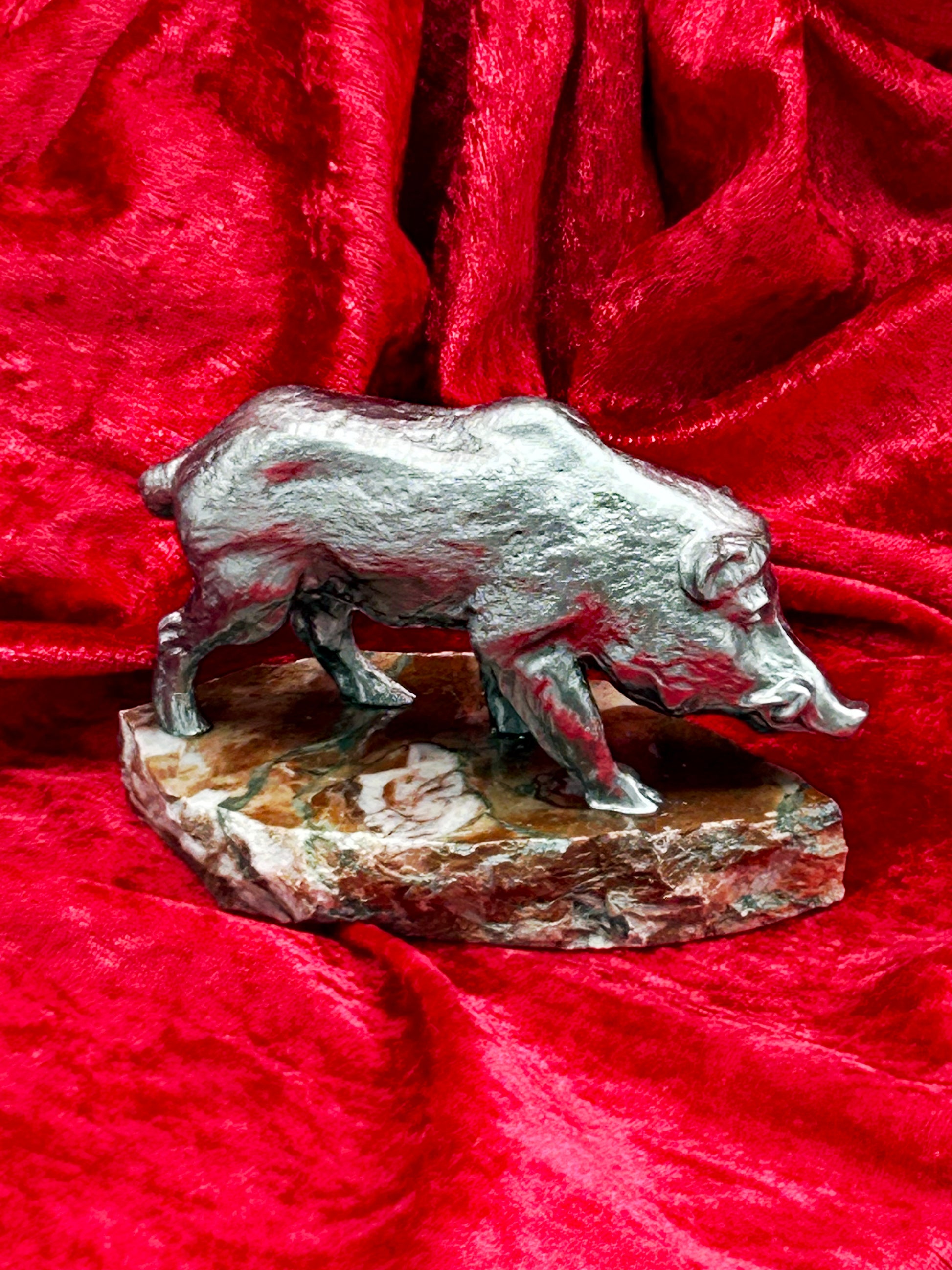 Silvered metal wild boar sculpture on marble base, full side profile