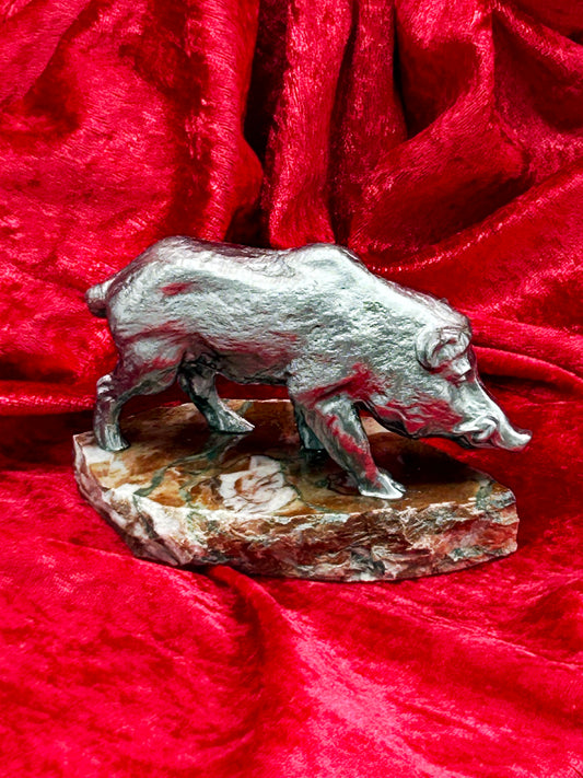 Silvered metal wild boar sculpture on marble base, full side profile