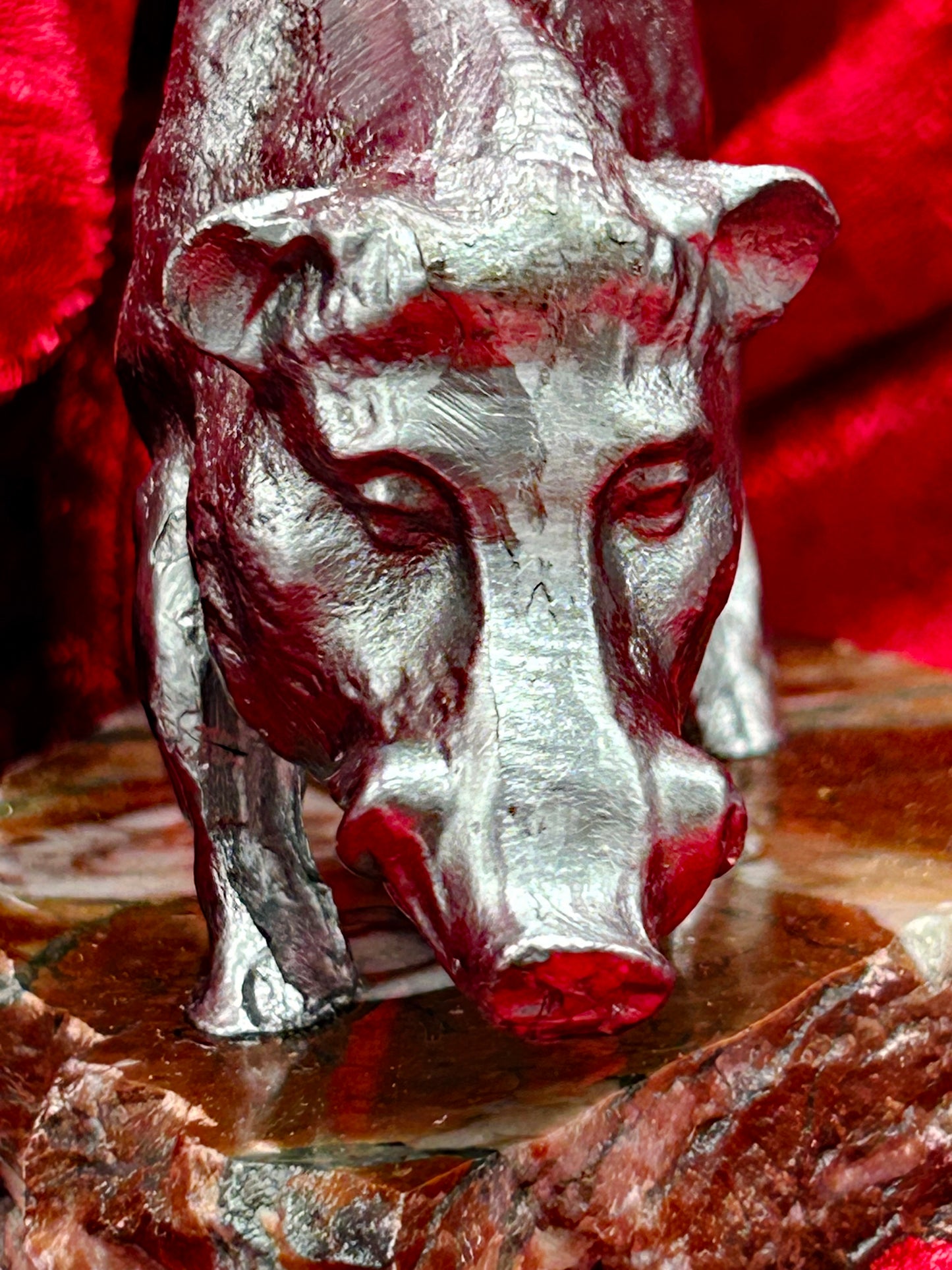 Front standing view of silvered metal wild boar animalier sculpture