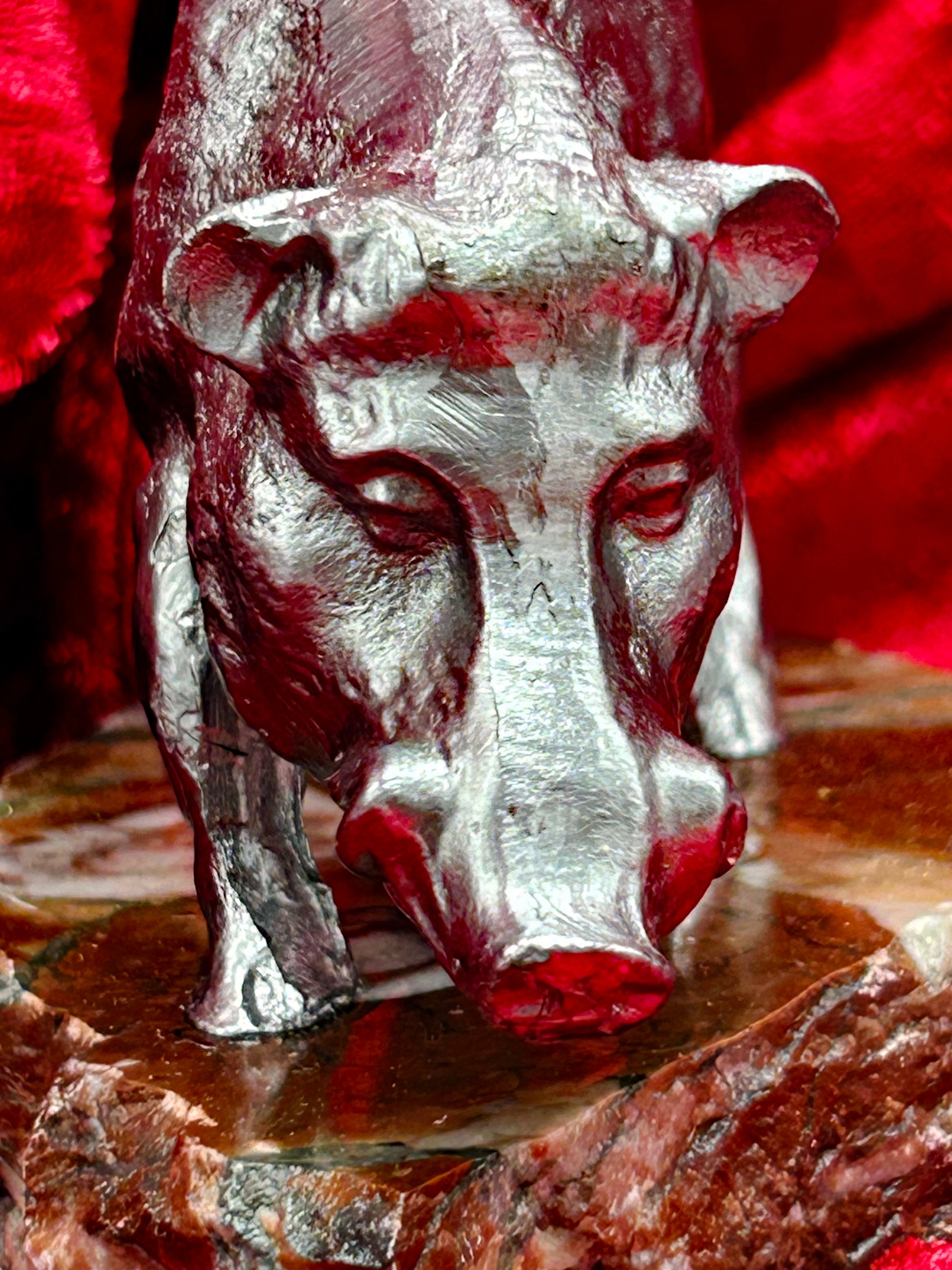 Front standing view of silvered metal wild boar animalier sculpture