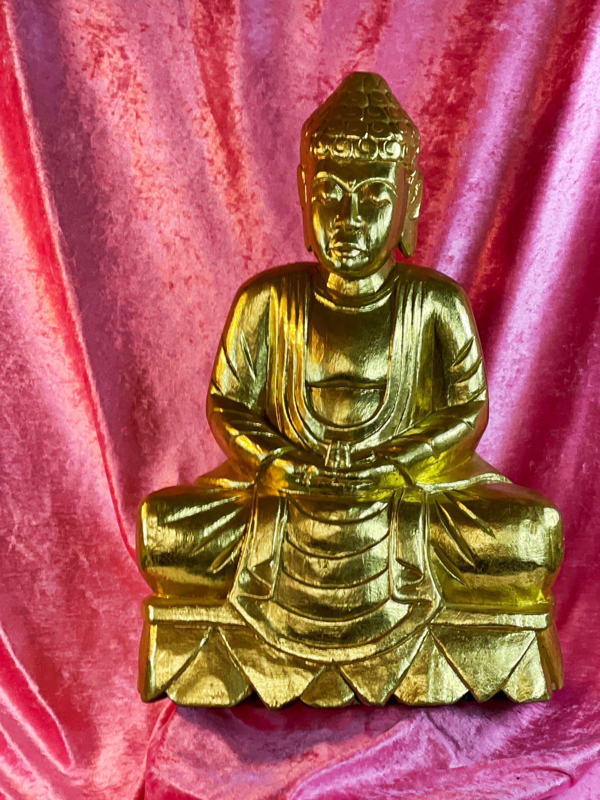 Gold meditating Buddha sculpture, alternate full front view