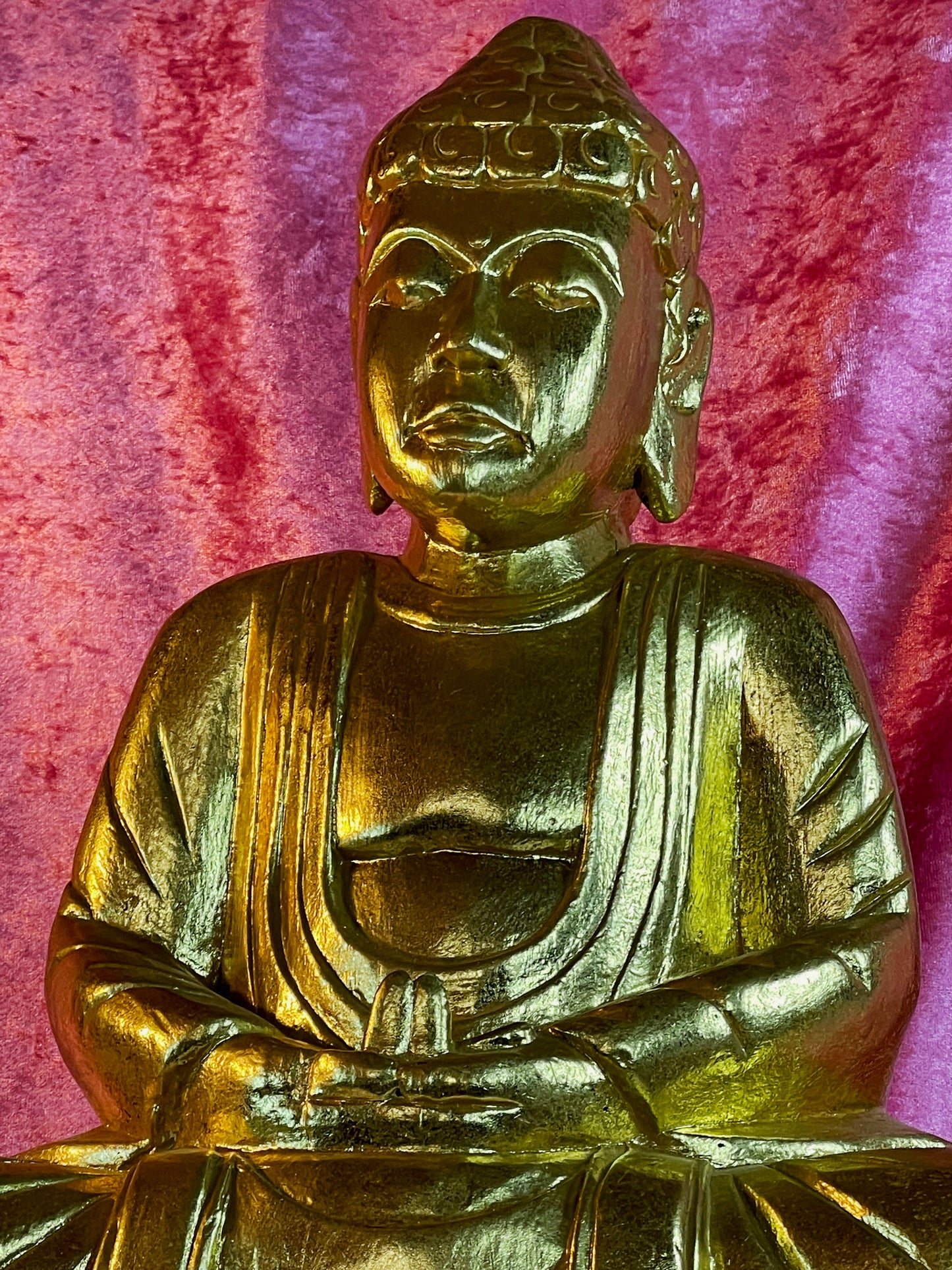 Warm gilt wood Buddha seated on lotus throne, full figure