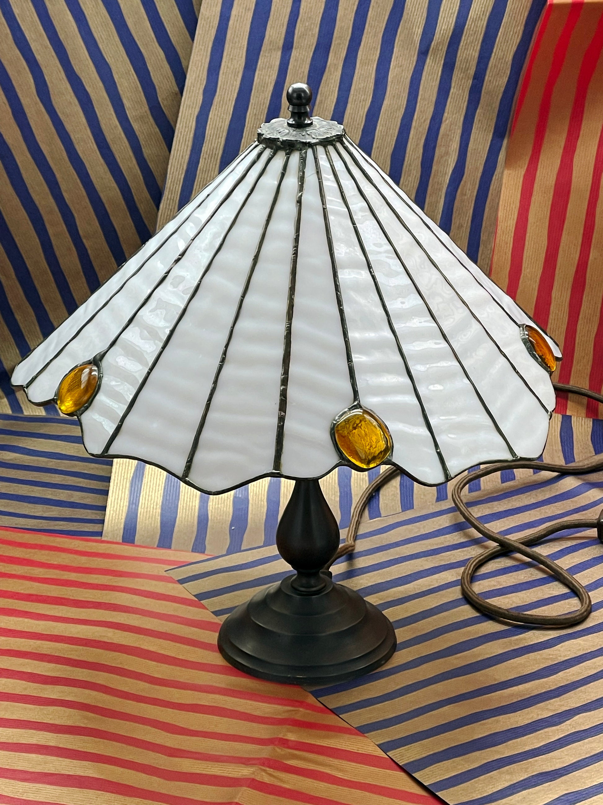 Vintage Berlin bronze lamp white slag glass shade detail