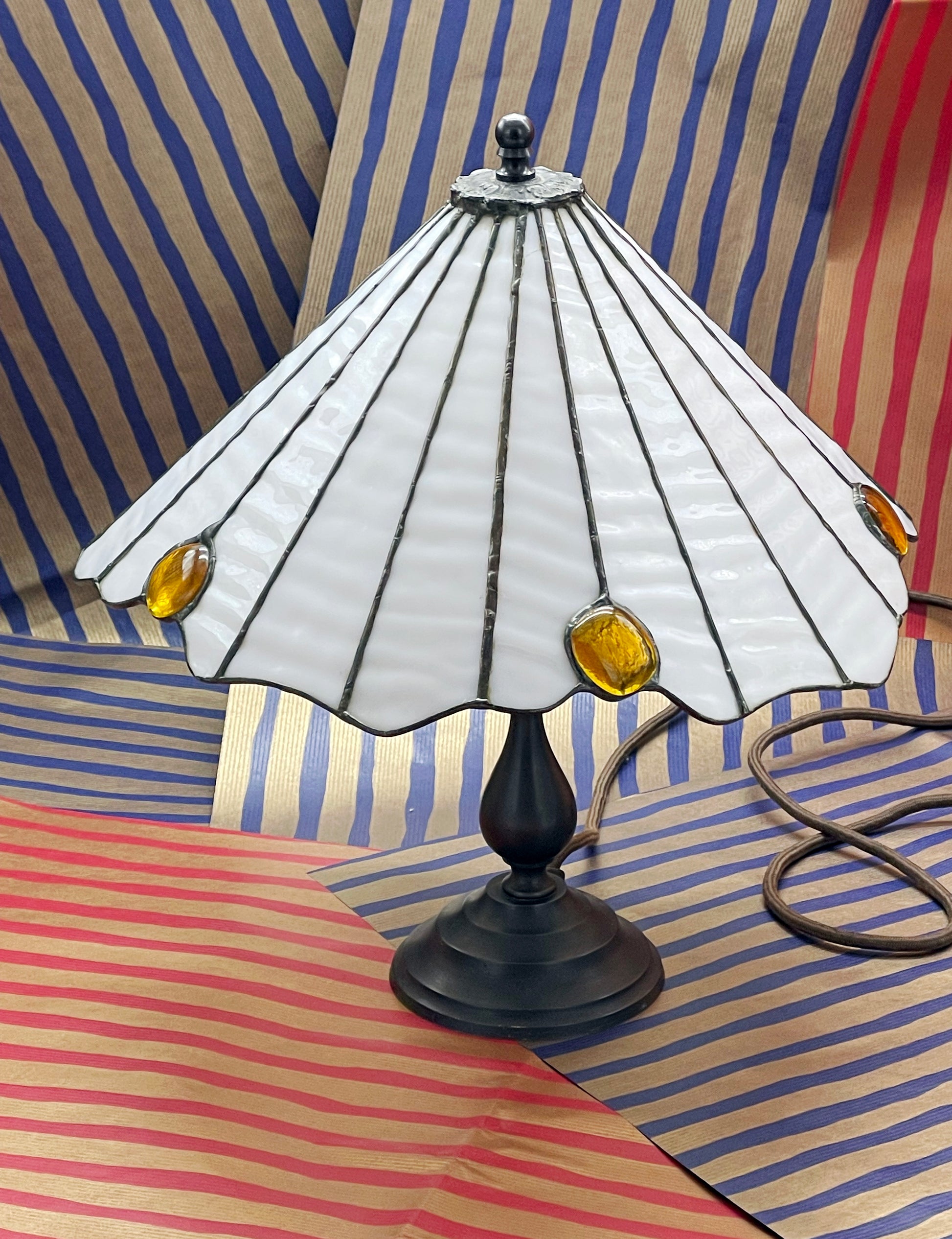 Art Déco table lamp leaded came glass shade detail
