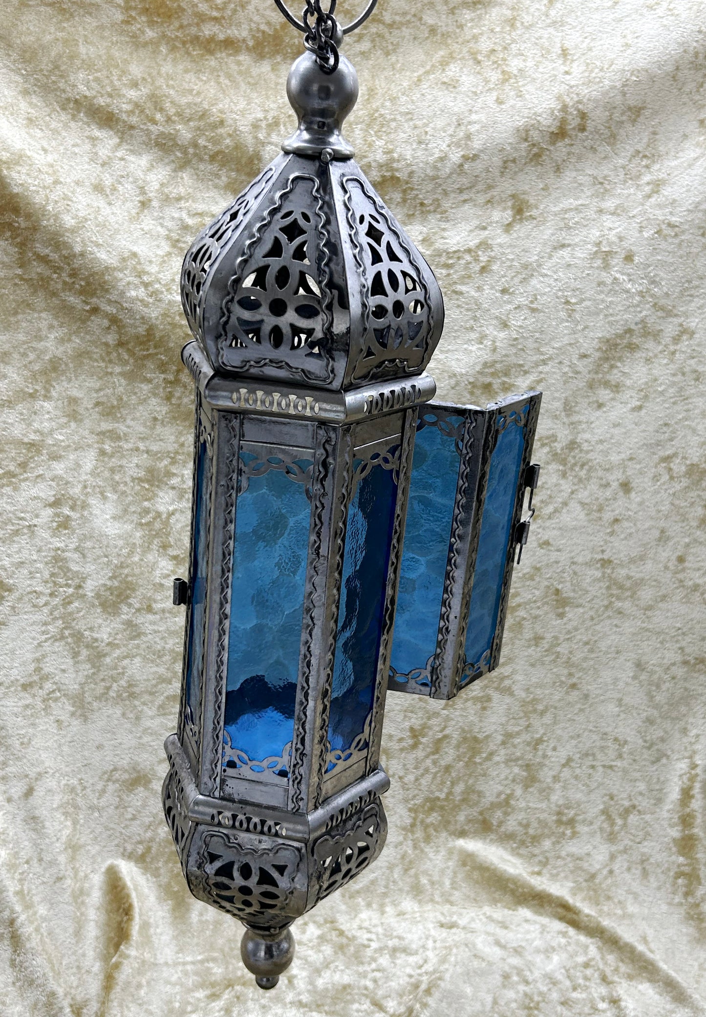 Moroccan lantern with hinged door open, three-quarter view