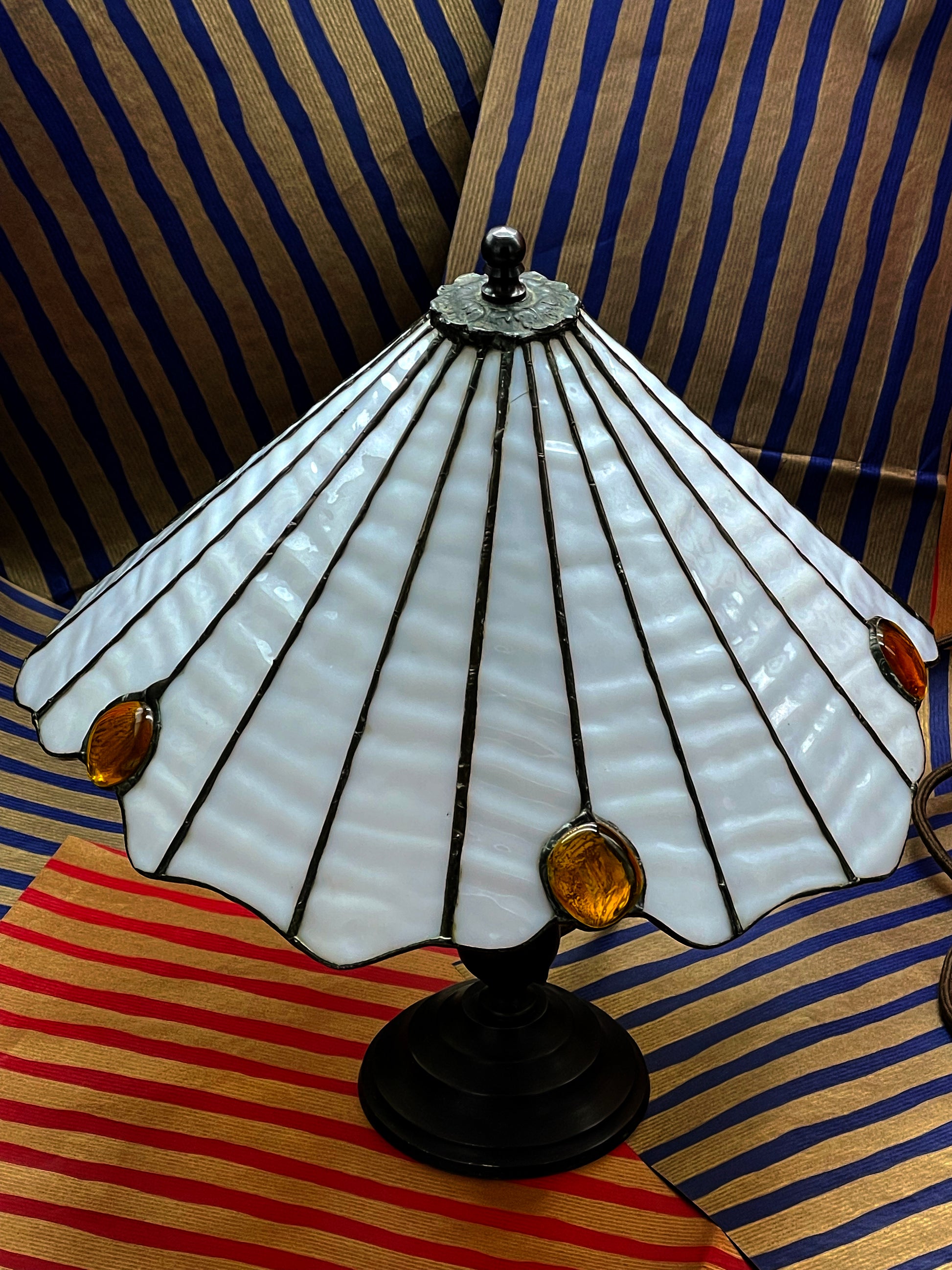 Art Déco bronze lamp white panelled glass shade front view