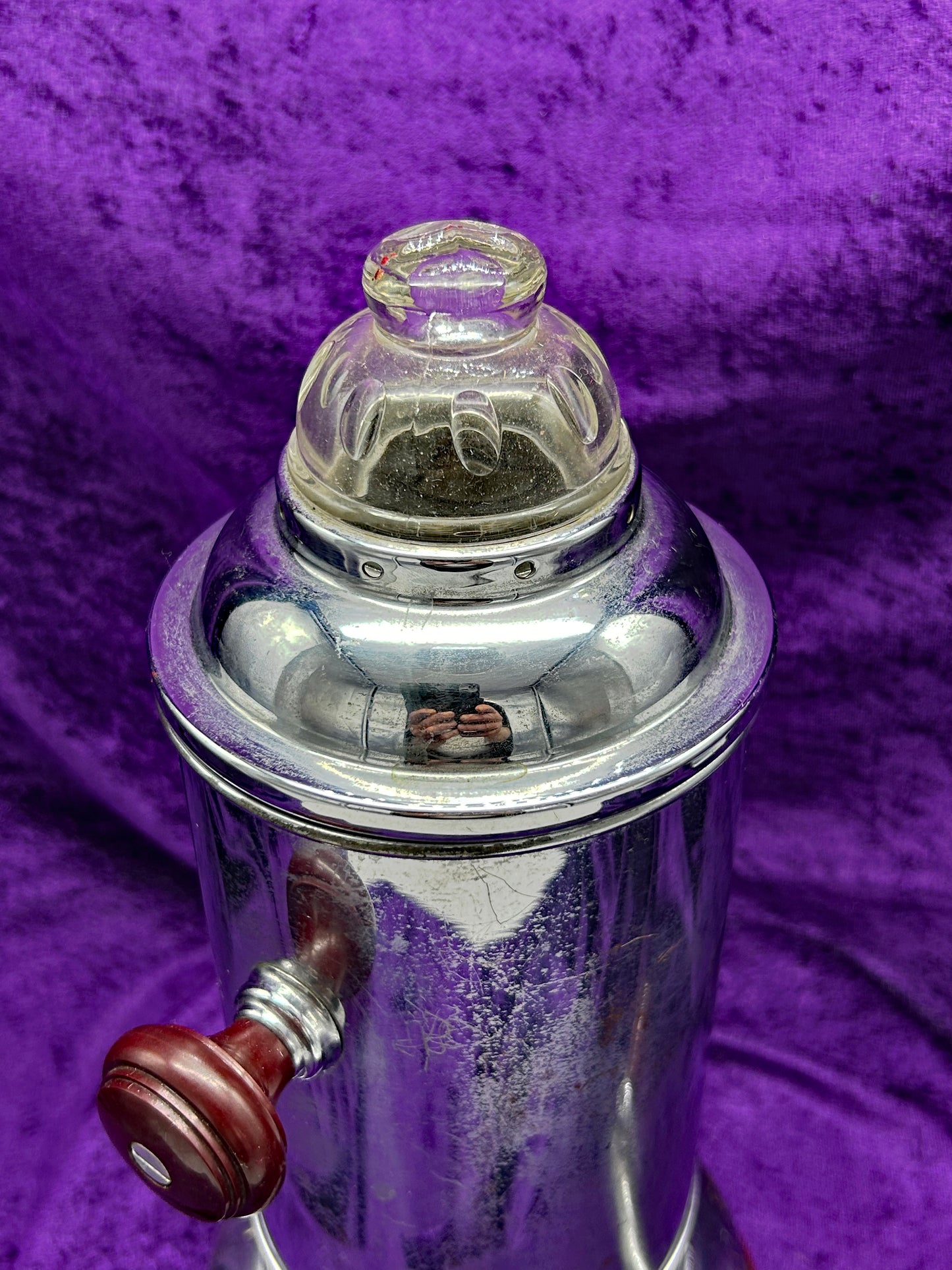 Clear glass percolator dome on East German chrome coffee maker, detail