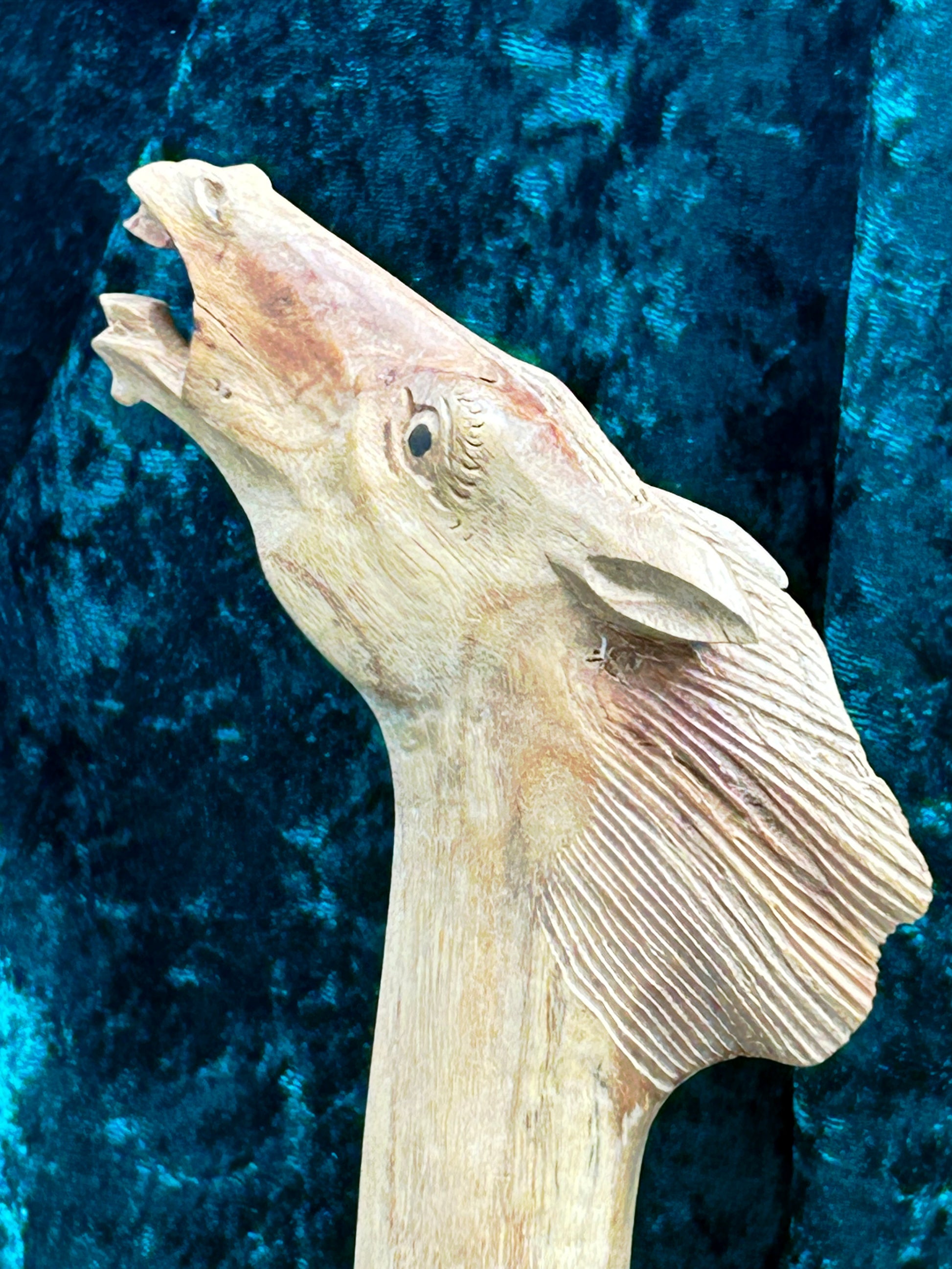 Close-up of carved horse muzzle, eye and teeth in natural rootwood grain