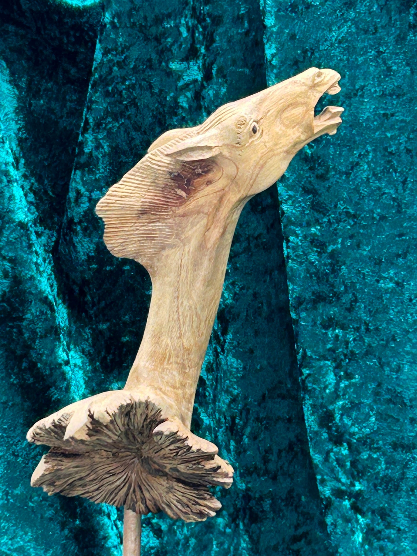 Antique Indonesian carved rootwood horse head sculpture on turned base, three-quarter view